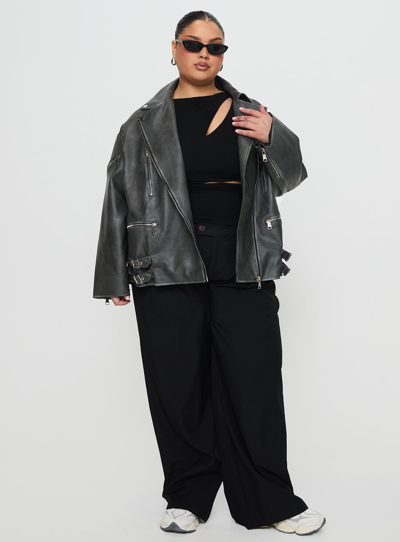 Magnets Faux Leather Jacket Washed Charcoal Curve - Image 3