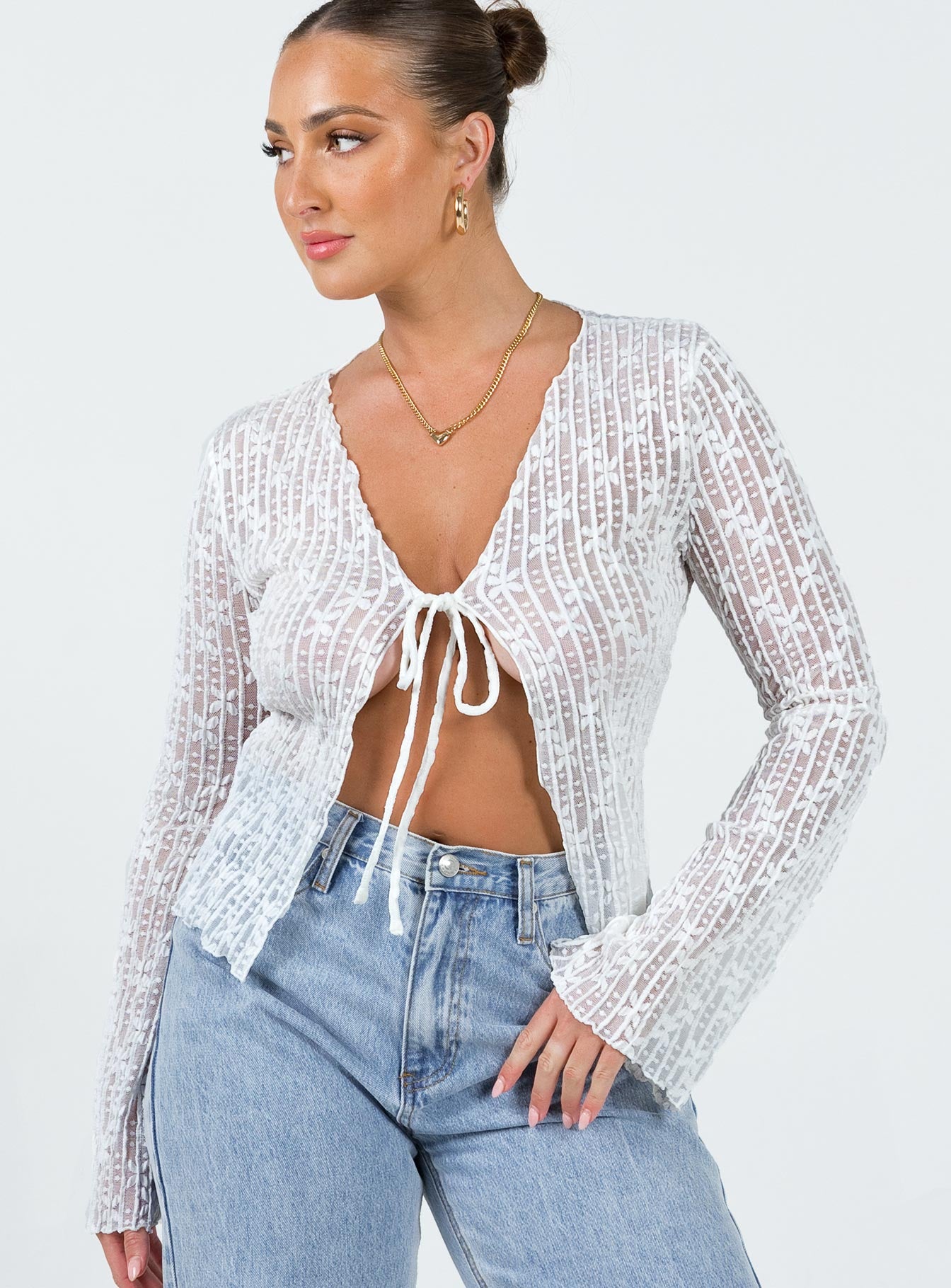 Nucci Lace Long Sleeve Top White - Image 2