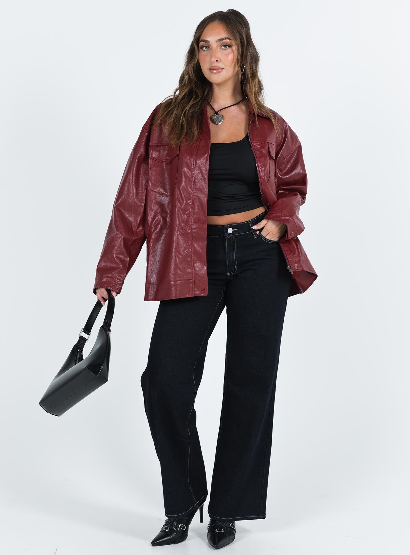 Callie Faux Leather Jacket Burgundy - Image 5