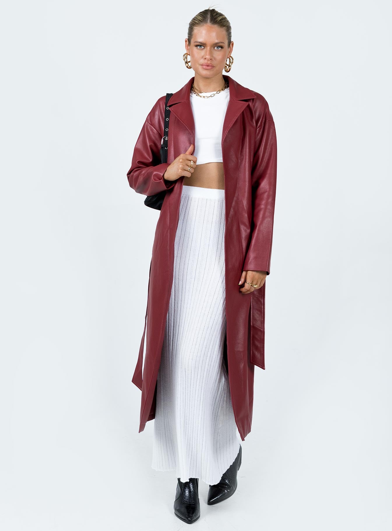 Leif Faux Leather Long Coat Burgundy - Image 2