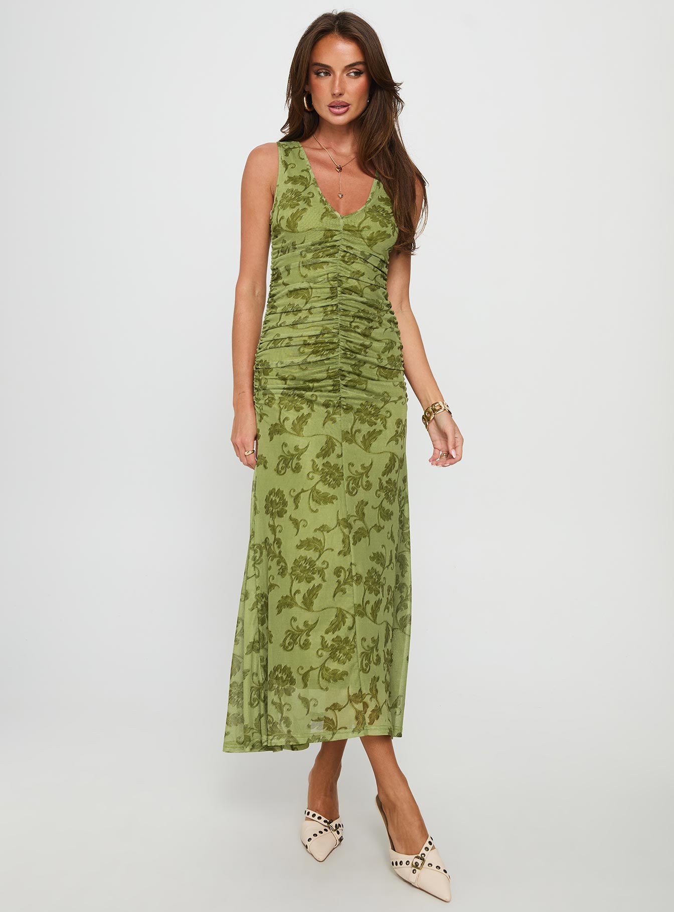 Stefanya Gathered Maxi Dress Green Floral - Image 2