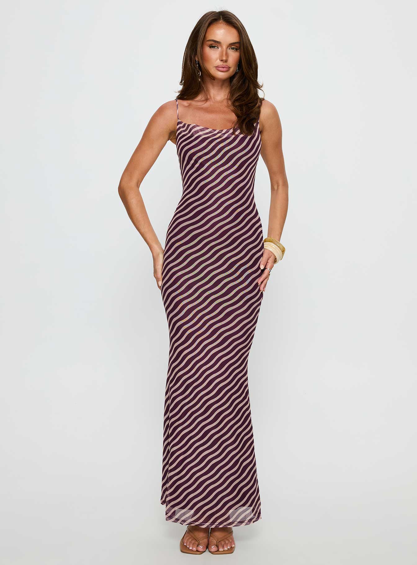 Aliah Cowl Neck Maxi Dress Brown Stripe - Image 3