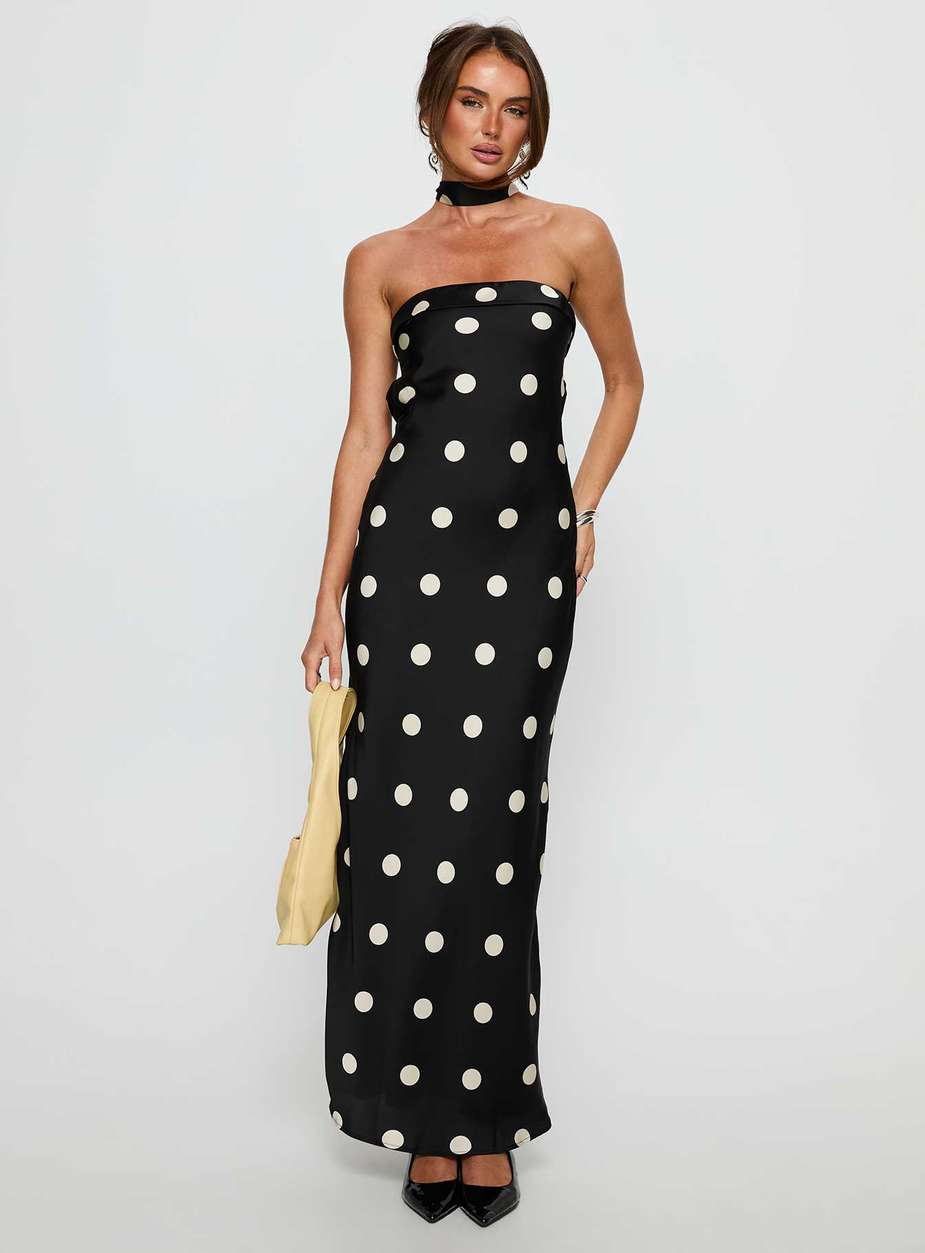 Madilaine Strapless Scarf Maxi Dress Black / Polka Dot - Image 3