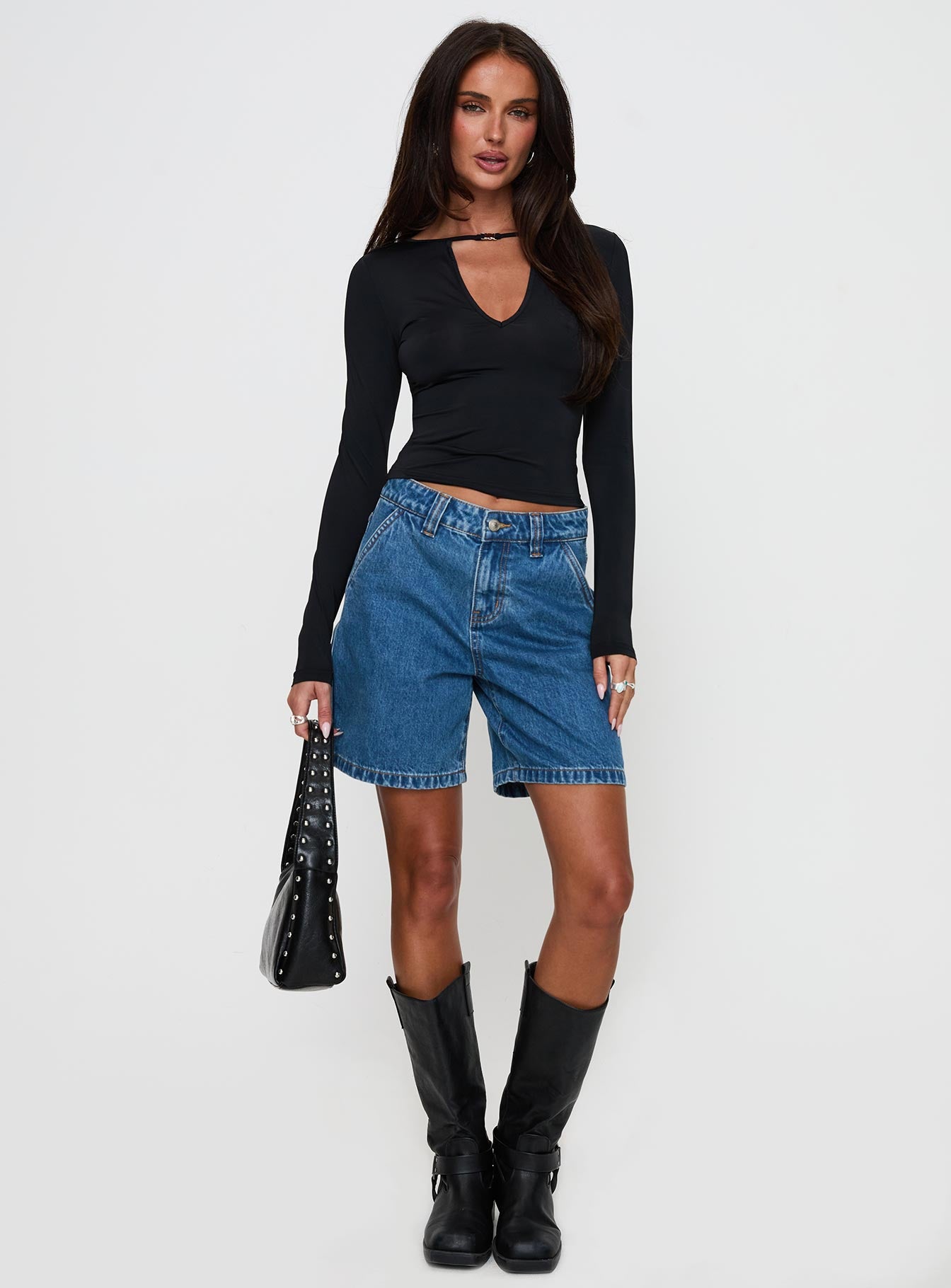 Layna Long Sleeve Plunge Neck Top Black - Image 2