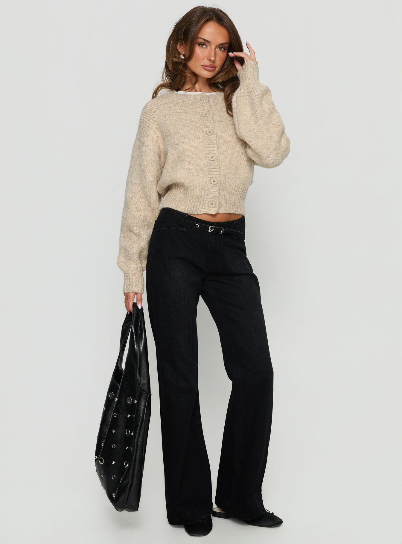 Slow Ride Mid Rise Bootleg Belted Jeans Washed Black - Image 3