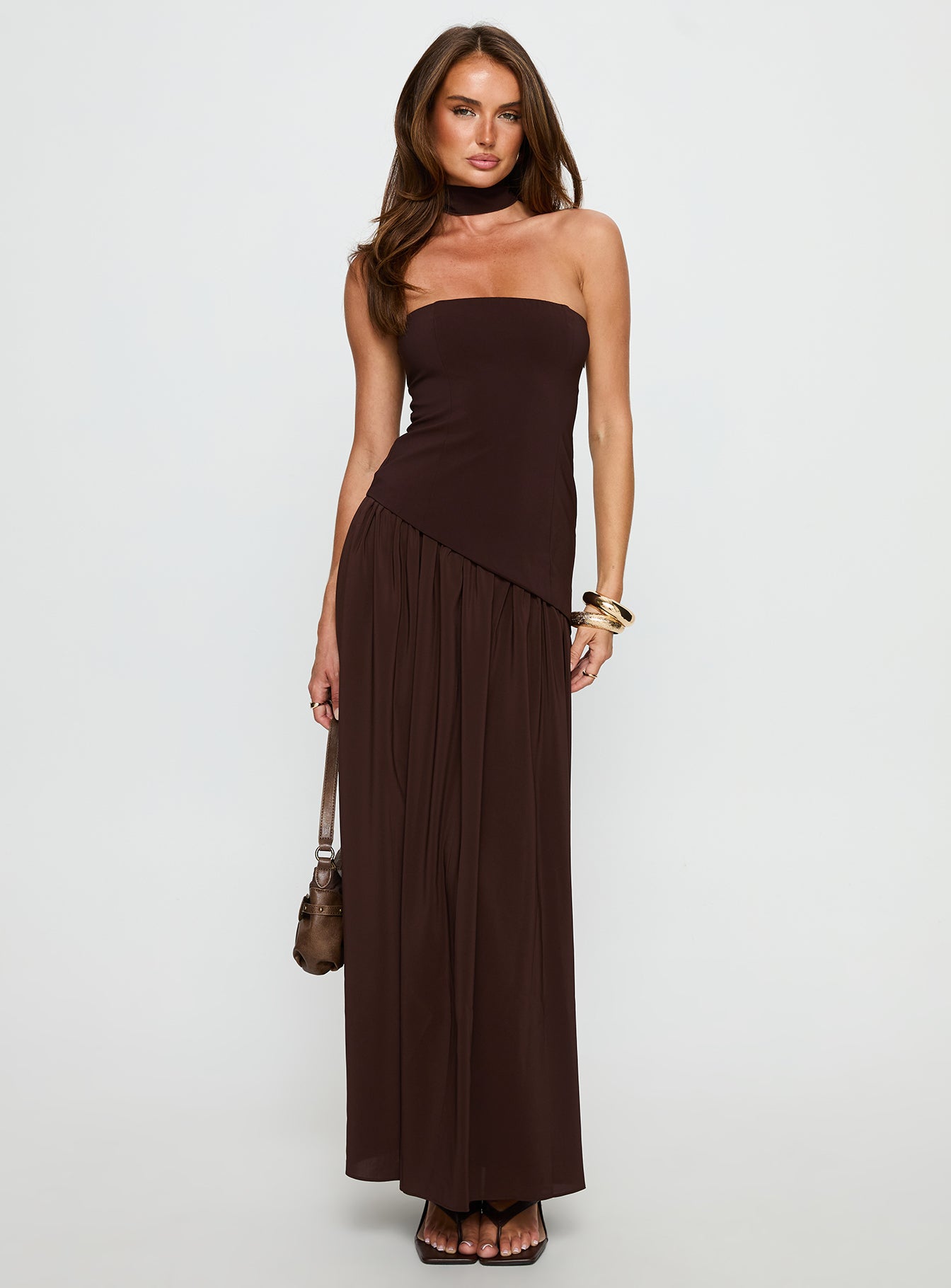 Odela Strapless Drop Waist Maxi Dress Chocolate - Image 3