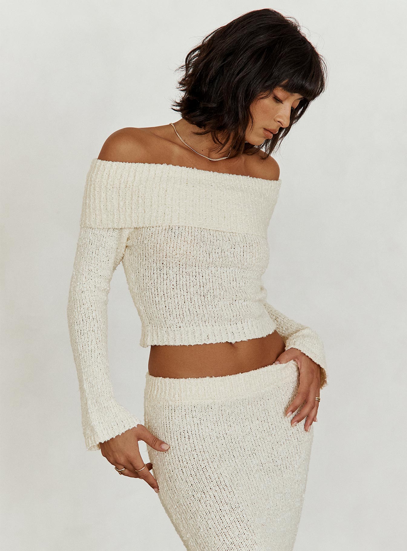 Snowy Off The Shoulder Boucle Sweater Cream - Image 2