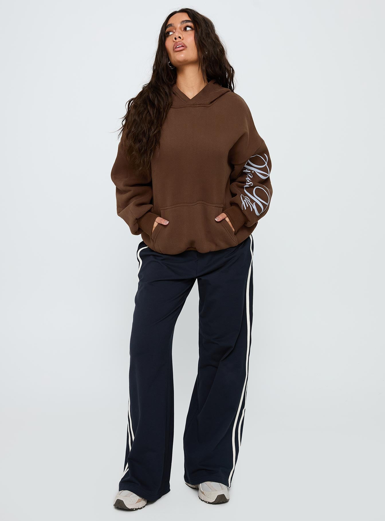 Princess Polly Script Text Graphic Hoodie Brown / Blue - Image 3