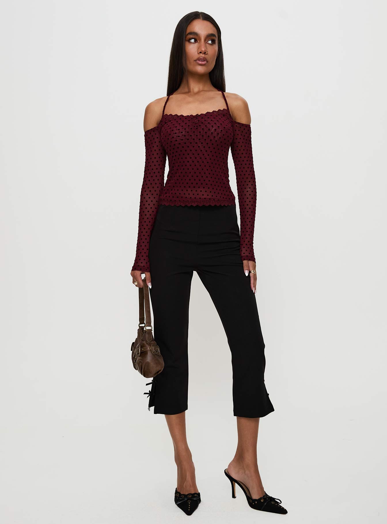 On My Side Off Shoulder Tie Neck Top Burgundy - Image 2