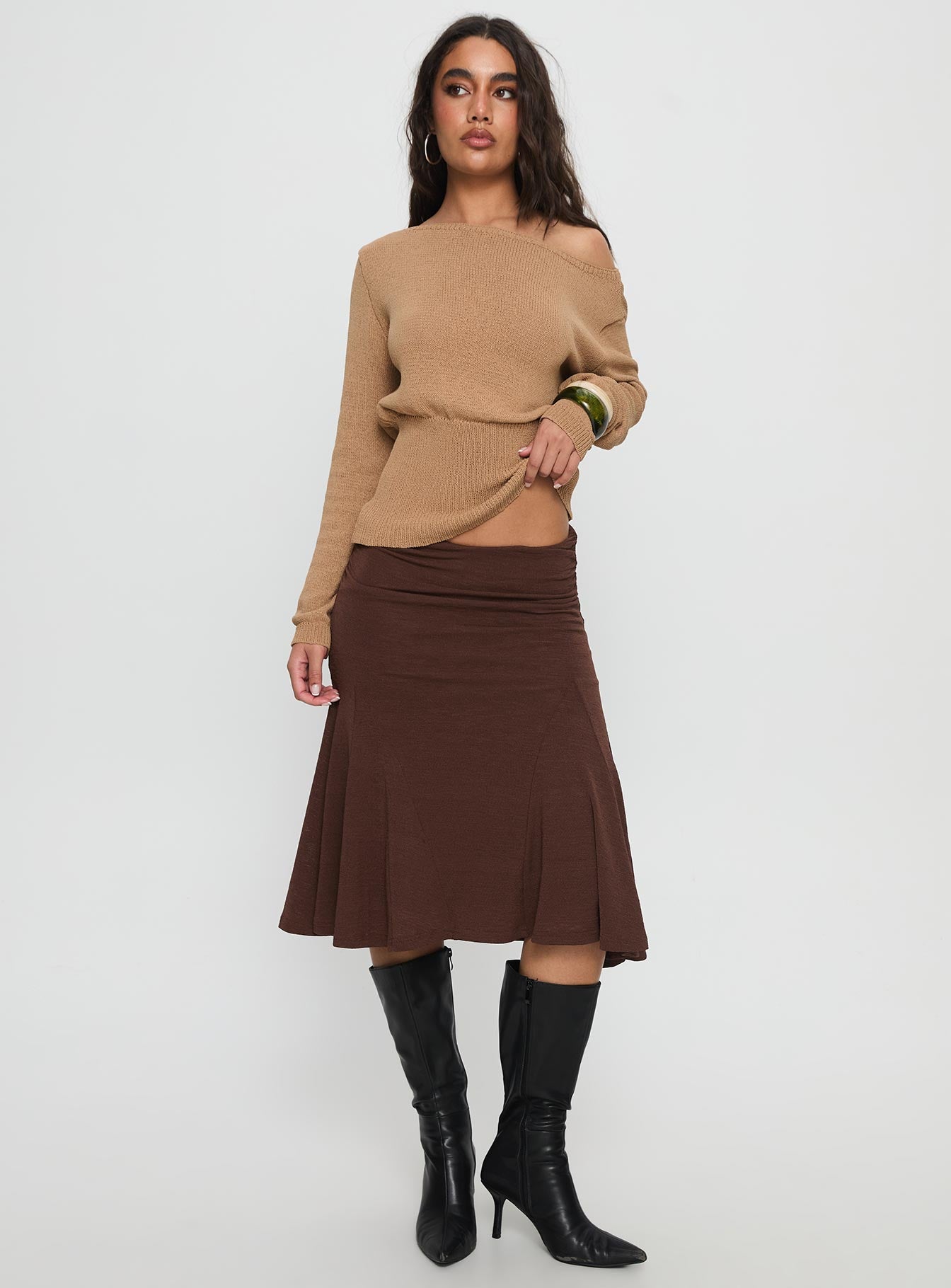 Lewish Low Rise Midi Skirt Chocolate - Image 3