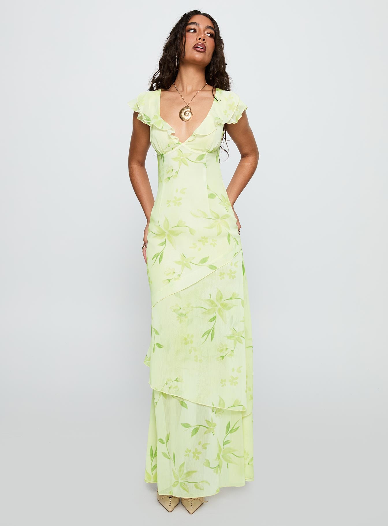 Been Away Frill Maxi Dress Green Multi - Image 3