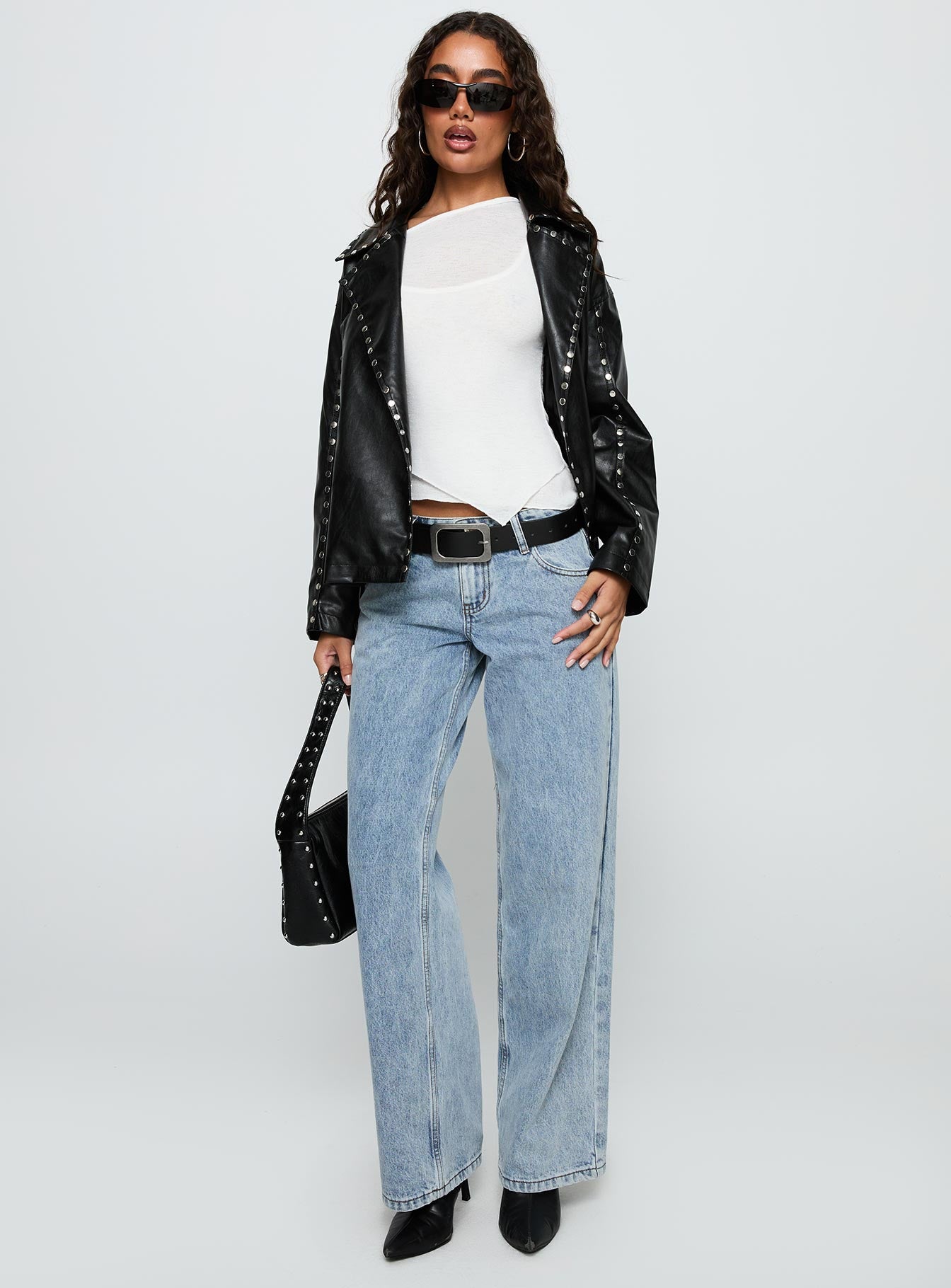 Kaeden Faux Leather Stud Detail Biker Jacket Black - Image 3