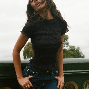 Romelle Shirred Top Black / Brown Plaid Petite