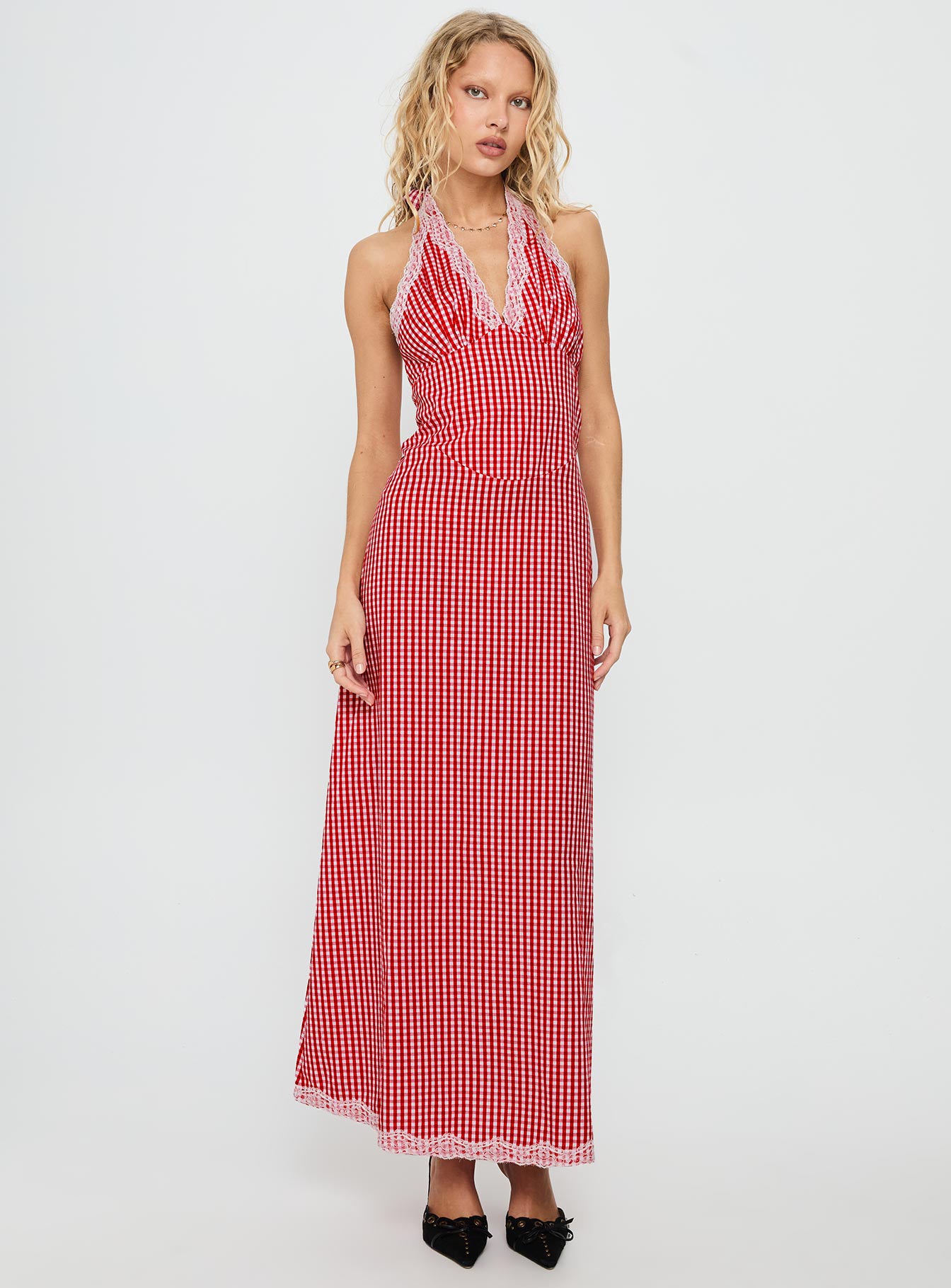 Betsie Halter Lace Maxi Dress Red Gingham - Image 3