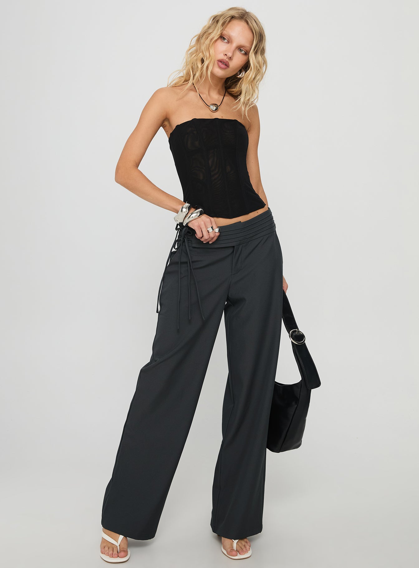 Good Riddance Pleat Tie Slouch Pants Charcoal - Image 3