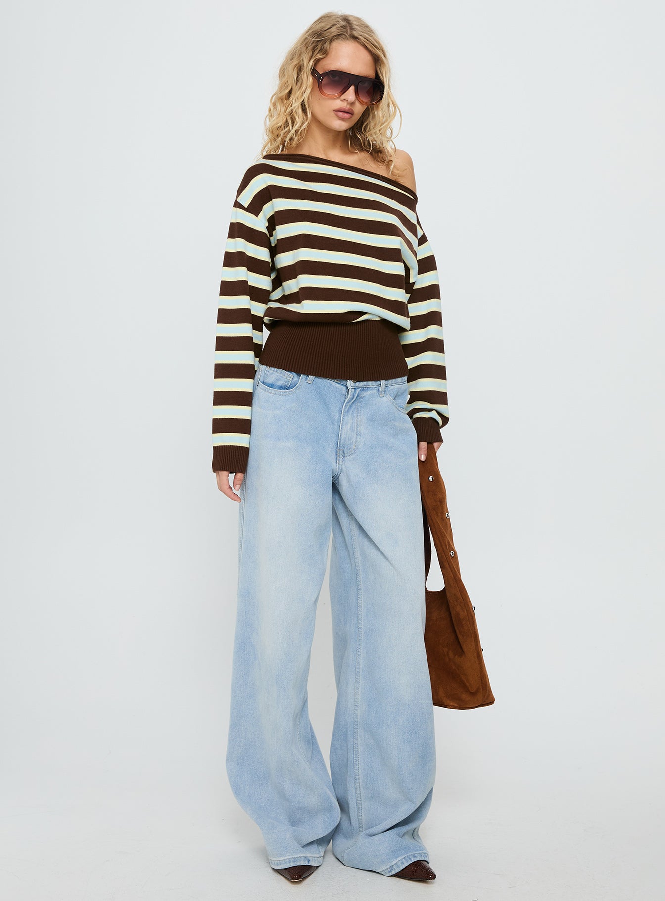 Zinia Off Shoulder Knit Sweater Brown / Blue Stripe - Image 3
