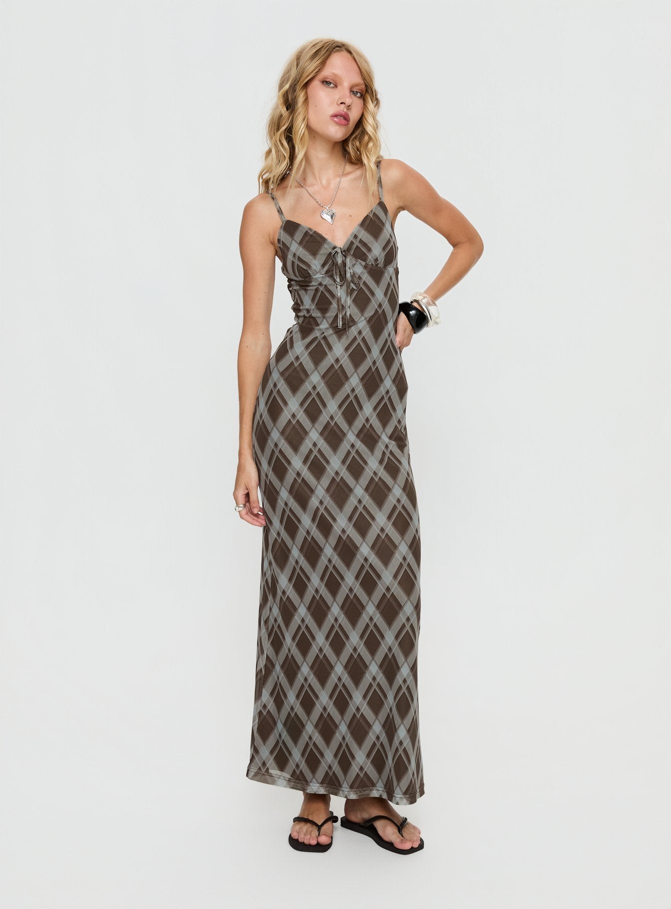 Idaline V Neck Maxi Dress Brown Check - Image 2