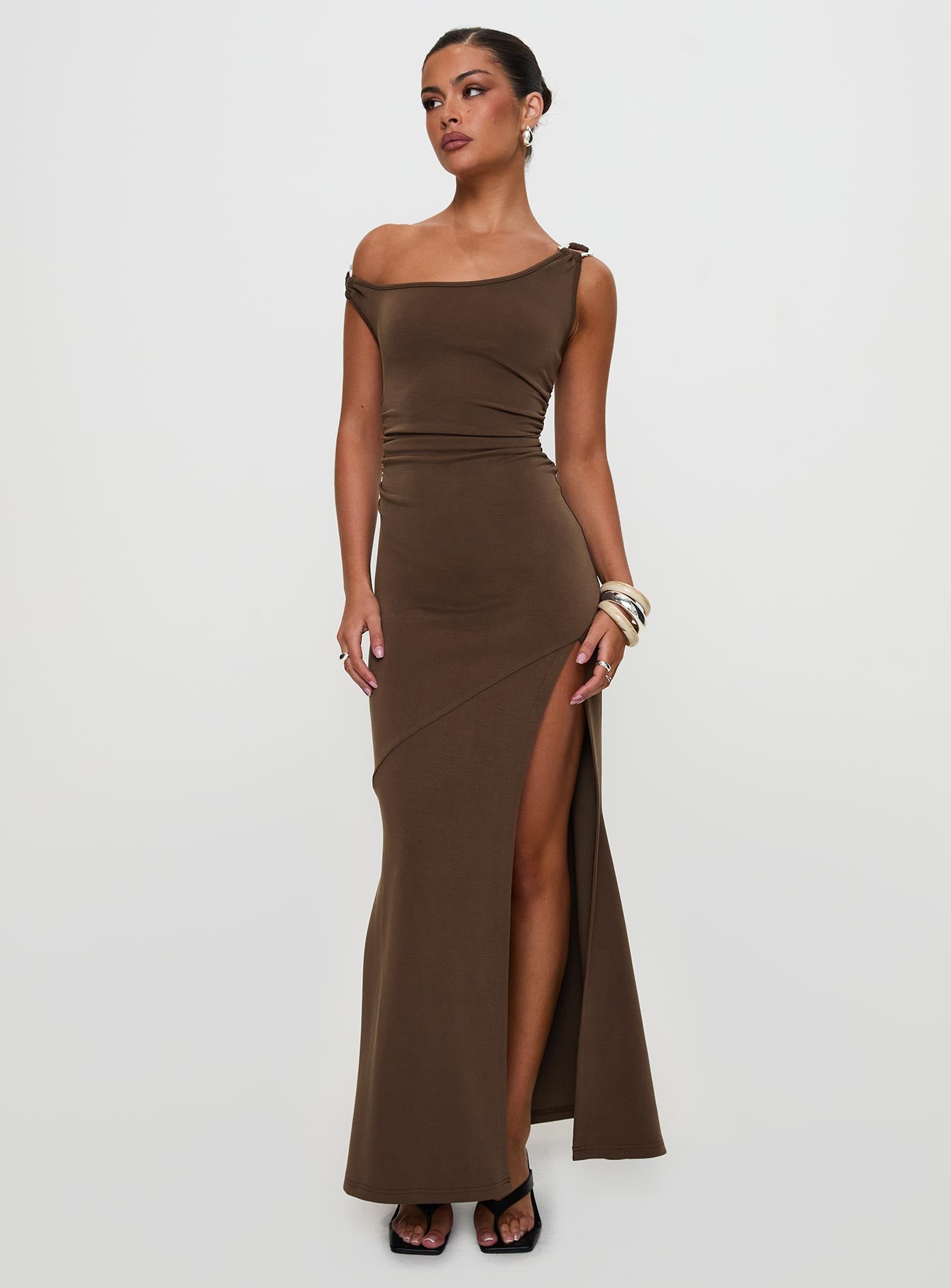Rios One Shoulder Maxi Dress Brown - Image 6