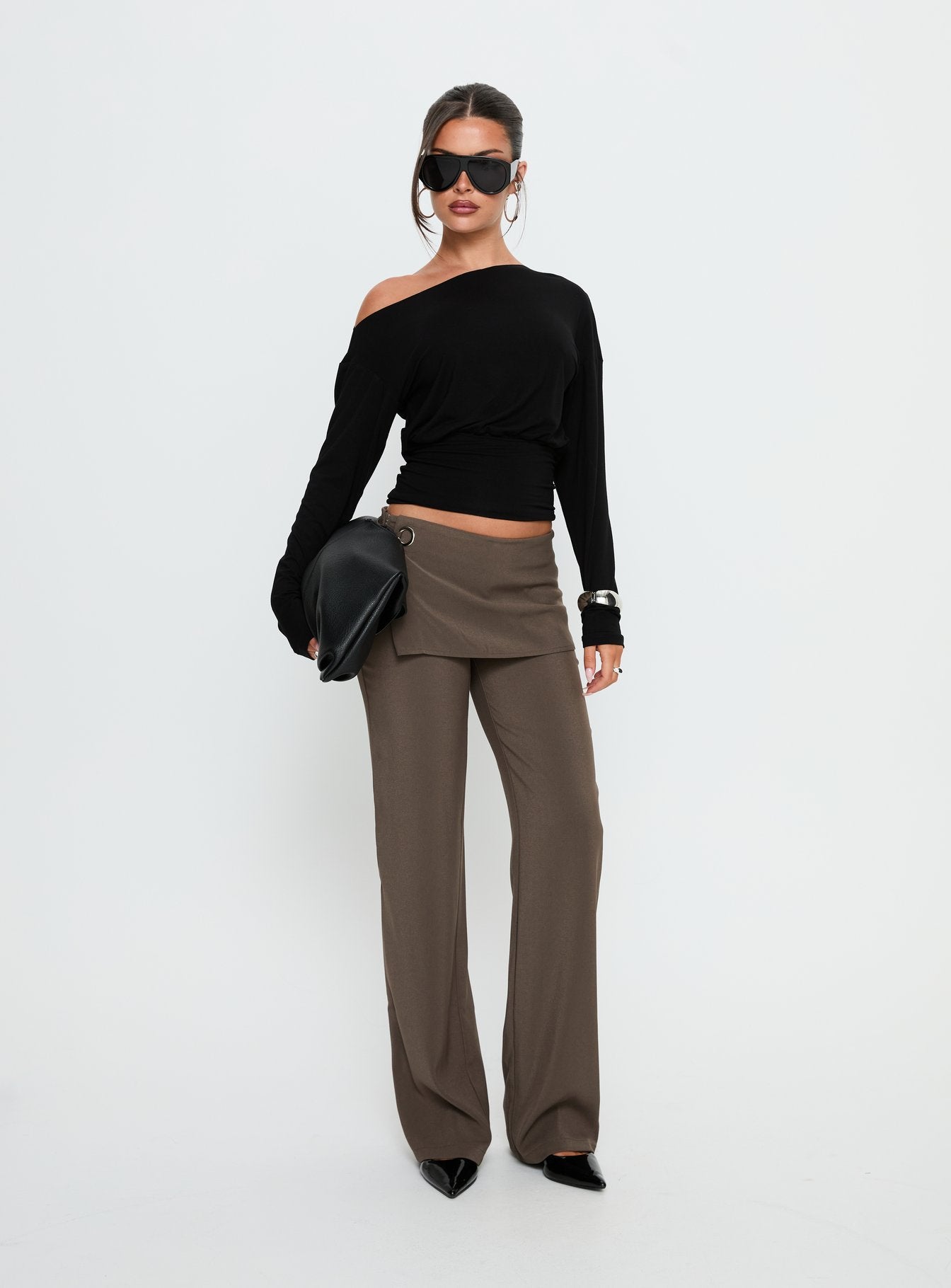 Ashlinn Off Shoulder Long Sleeve Drapey Top Black - Image 3