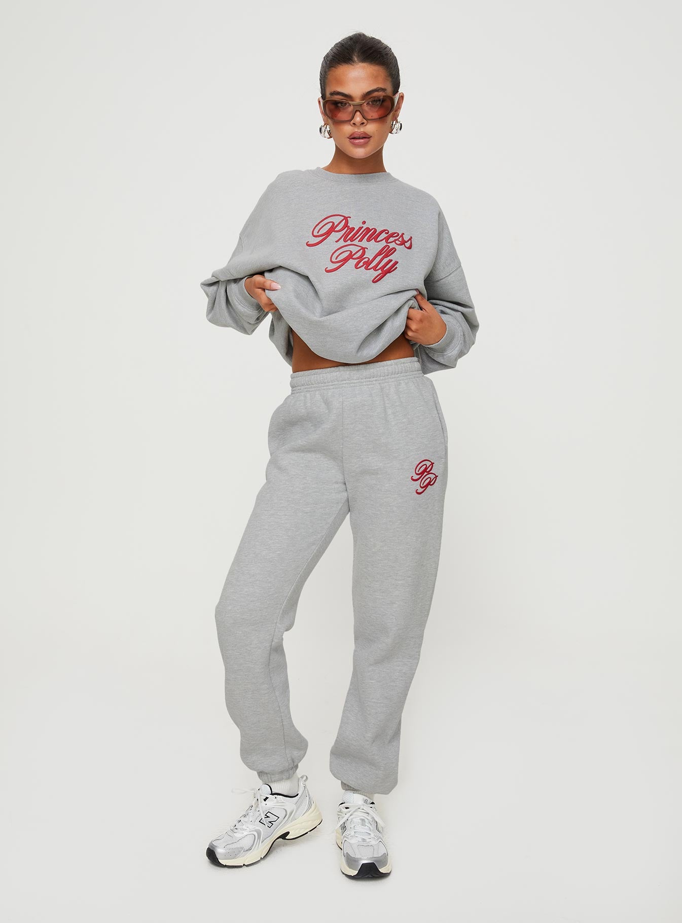 Princess Polly Track Pants Cursive Text Grey Marle/ Red - Image 3