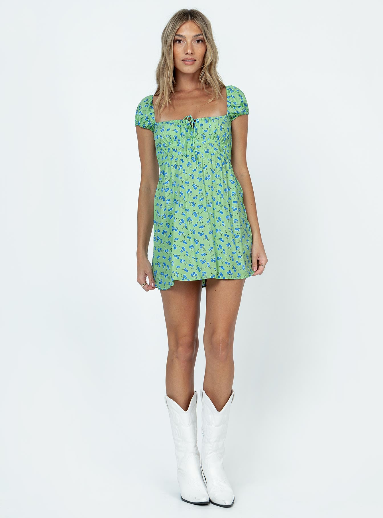 Motel Galova Mini Dress Lime Floral - Image 2