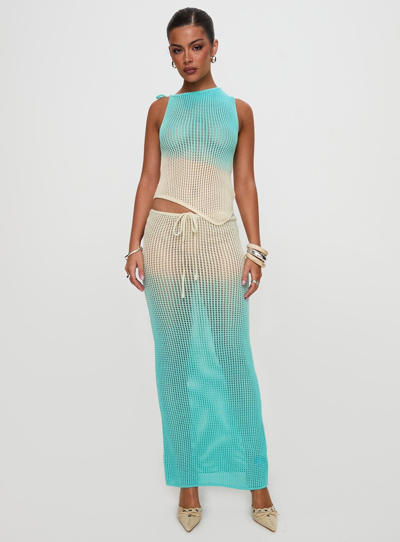 Auralia Asymmetric Knit Top Blue / Cream - Image 6