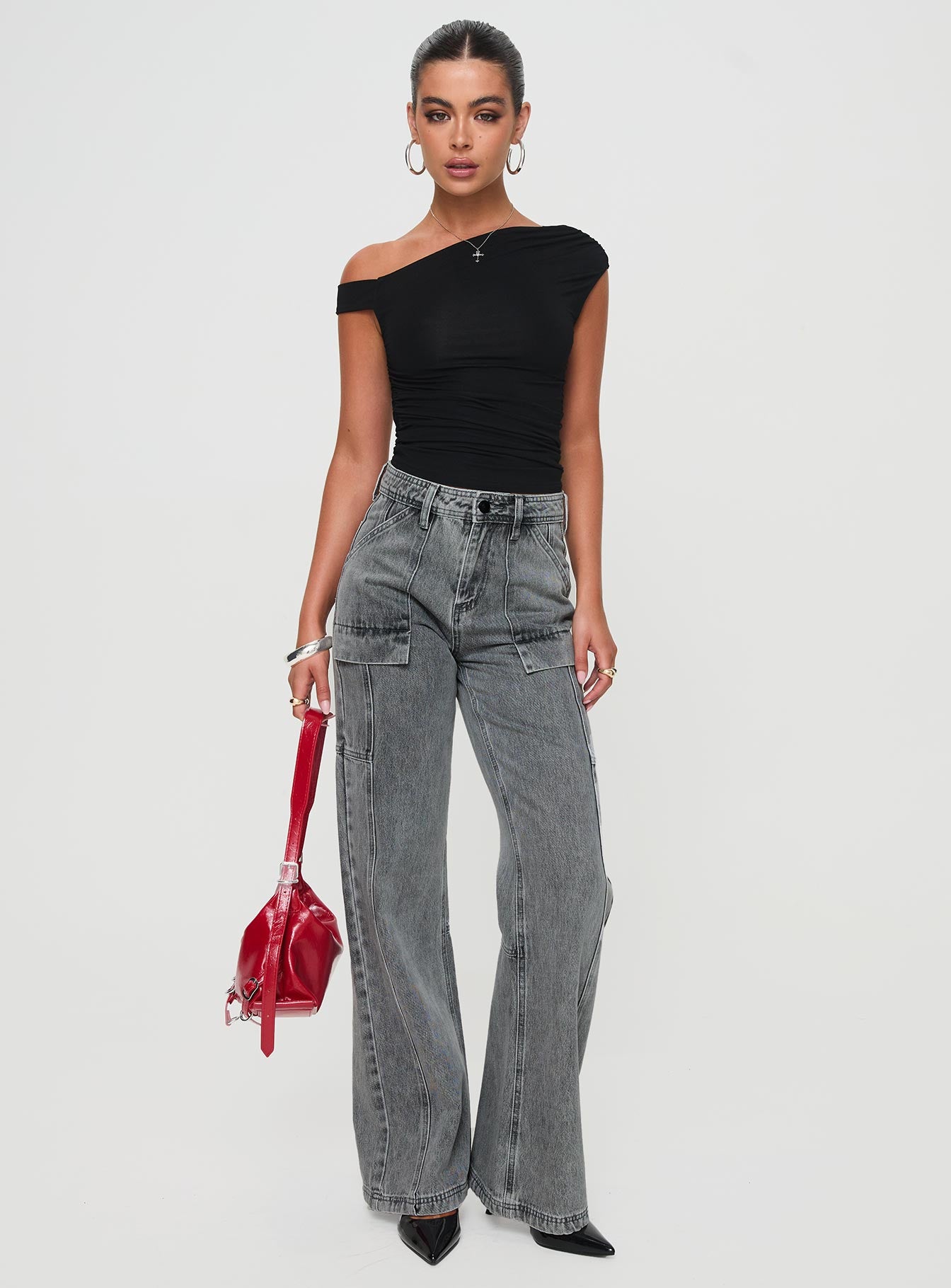 Chad High Rise Flared Cargo Jeans Washed Grey - Image 3