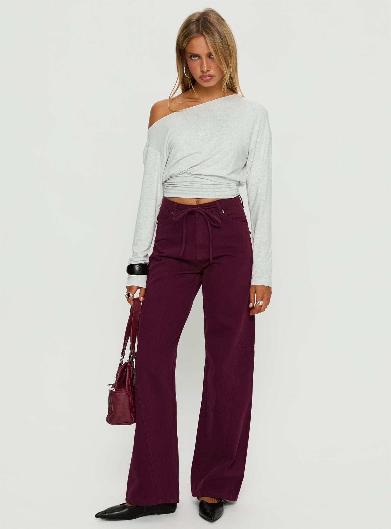 Bruiser Tie Waist Mid Rise Wide Leg Jeans Currant - Image 2