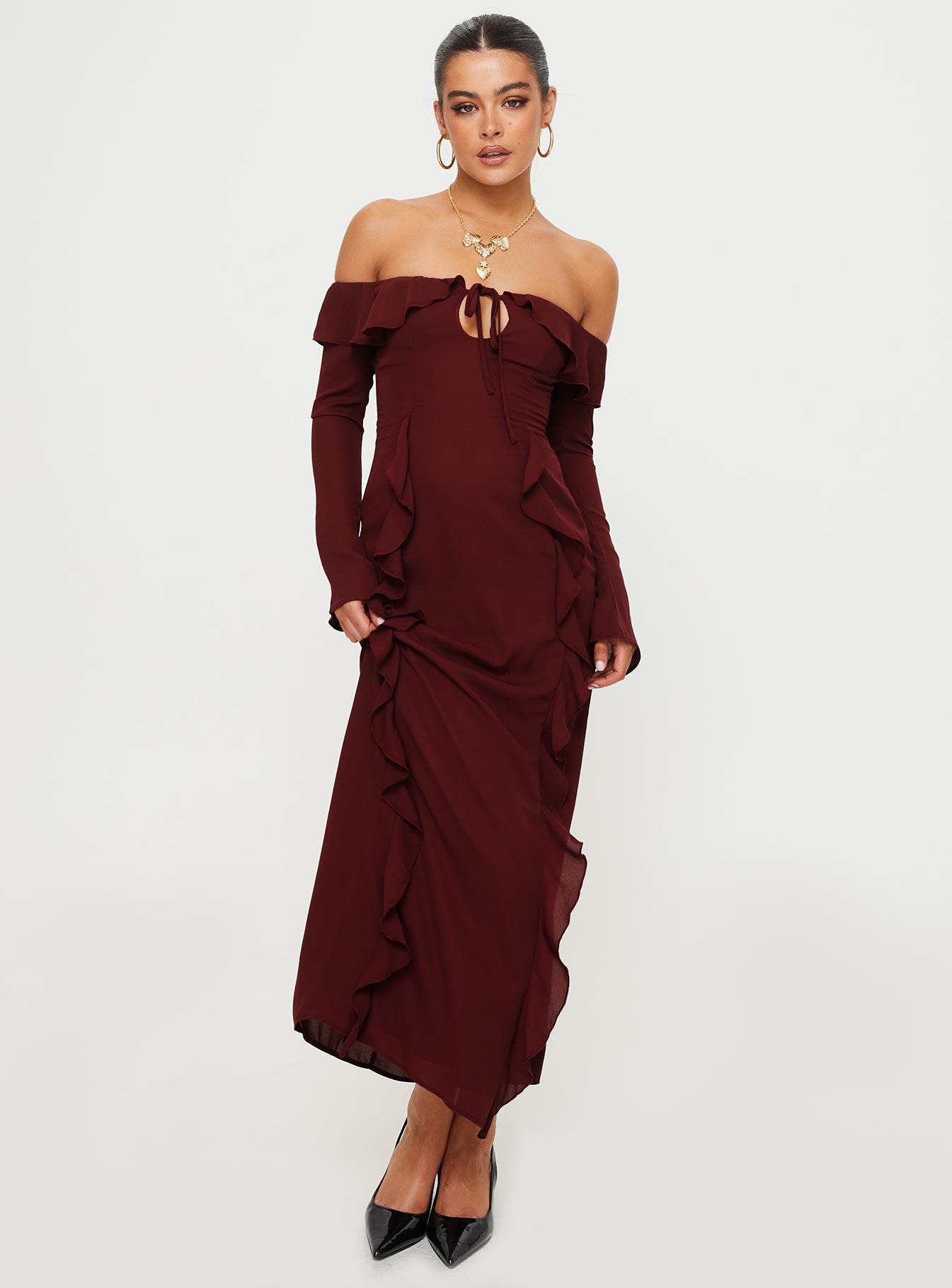 Molins Off The Shoulder Maxi Dress Burgundy - Image 3