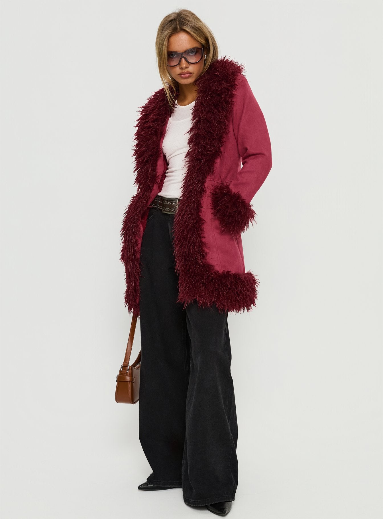Josefina Faux Fur Detail Jacket Wine - Image 3