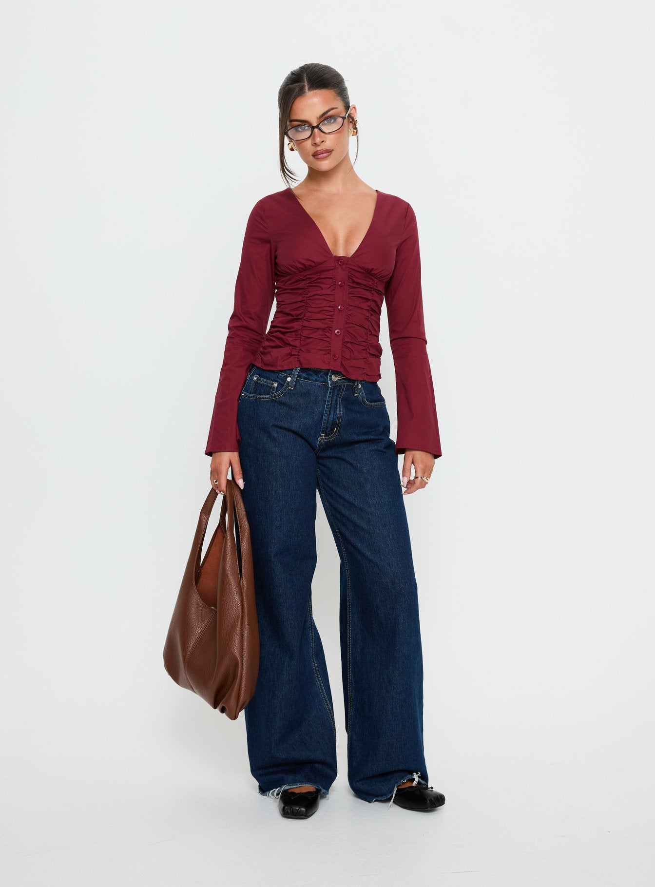 Zanetta Ruched Long Sleeve Top Burgundy - Image 2
