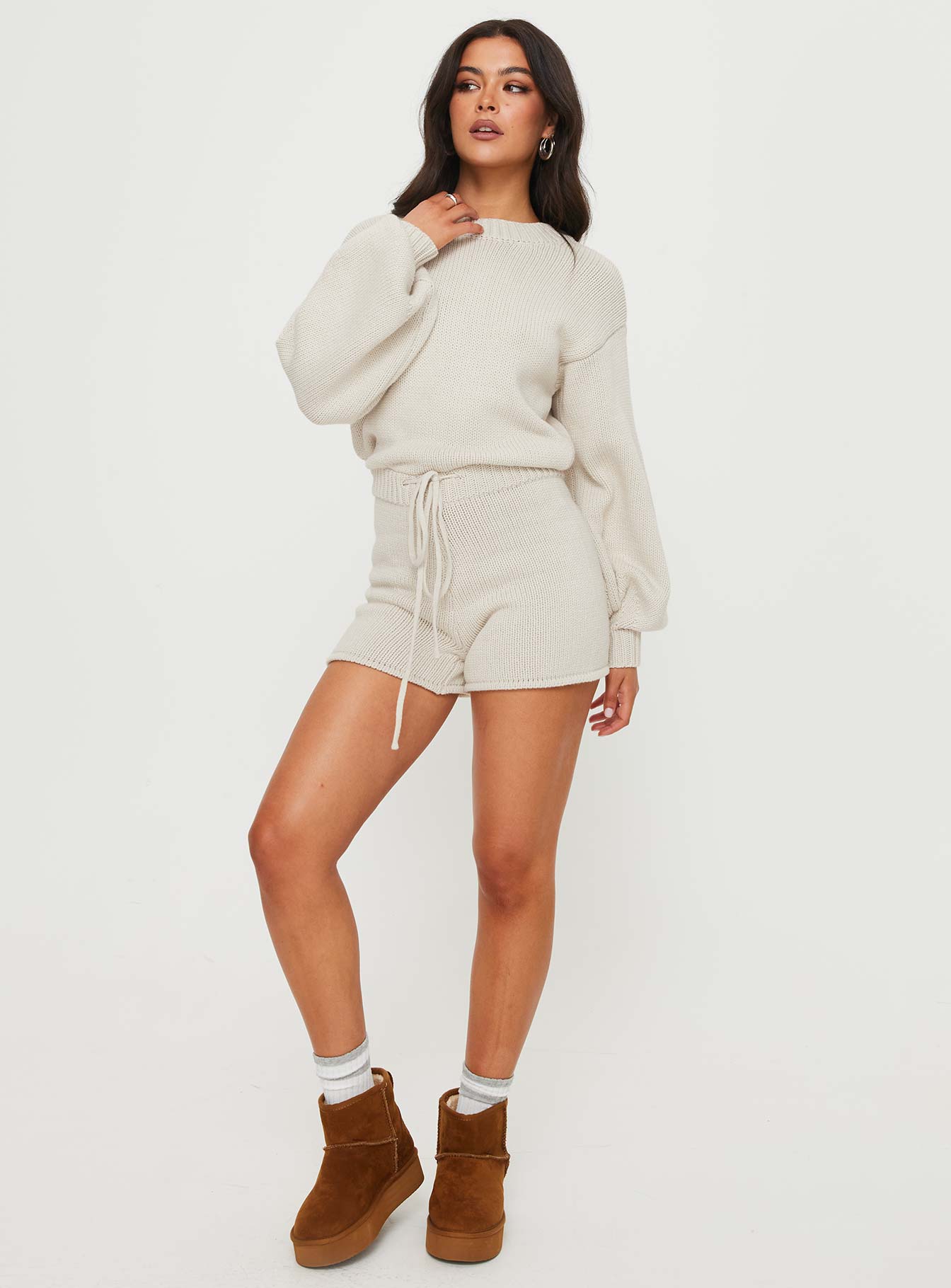 Harmony Balloon Sleeve Knit Romper Beige - Image 3