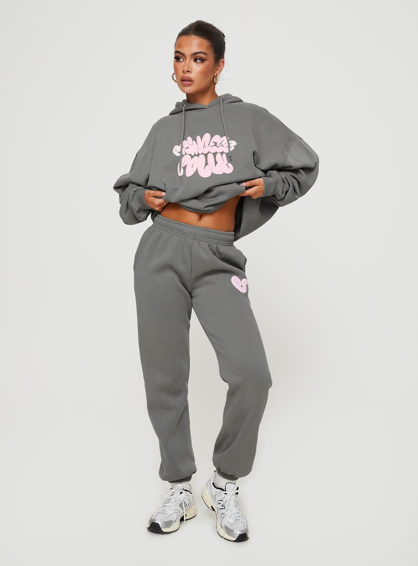 Princess Polly Track Pants Bubble Text Charcoal / Light Pink - Image 3