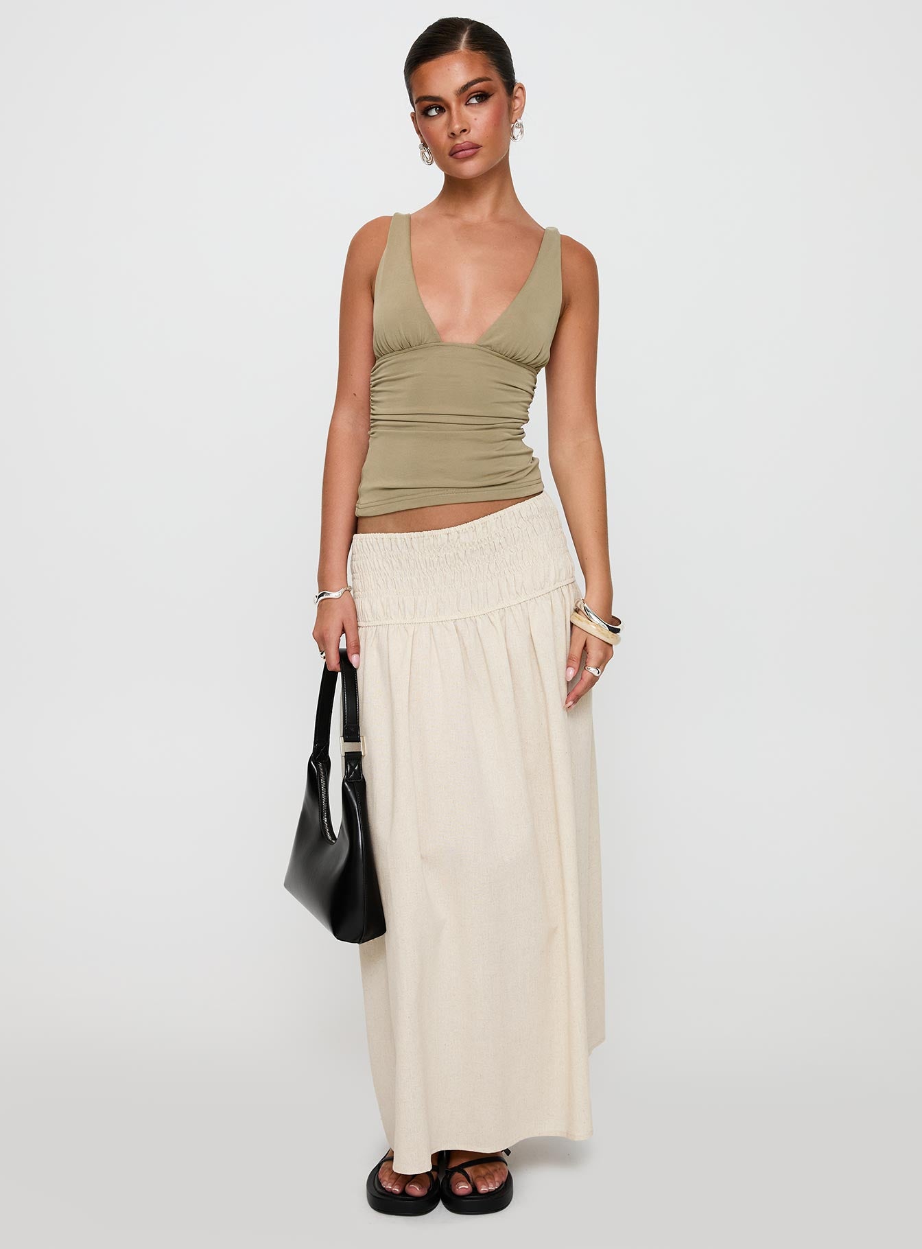 Small Towns Shirred Midi Skirt Beige - Image 2