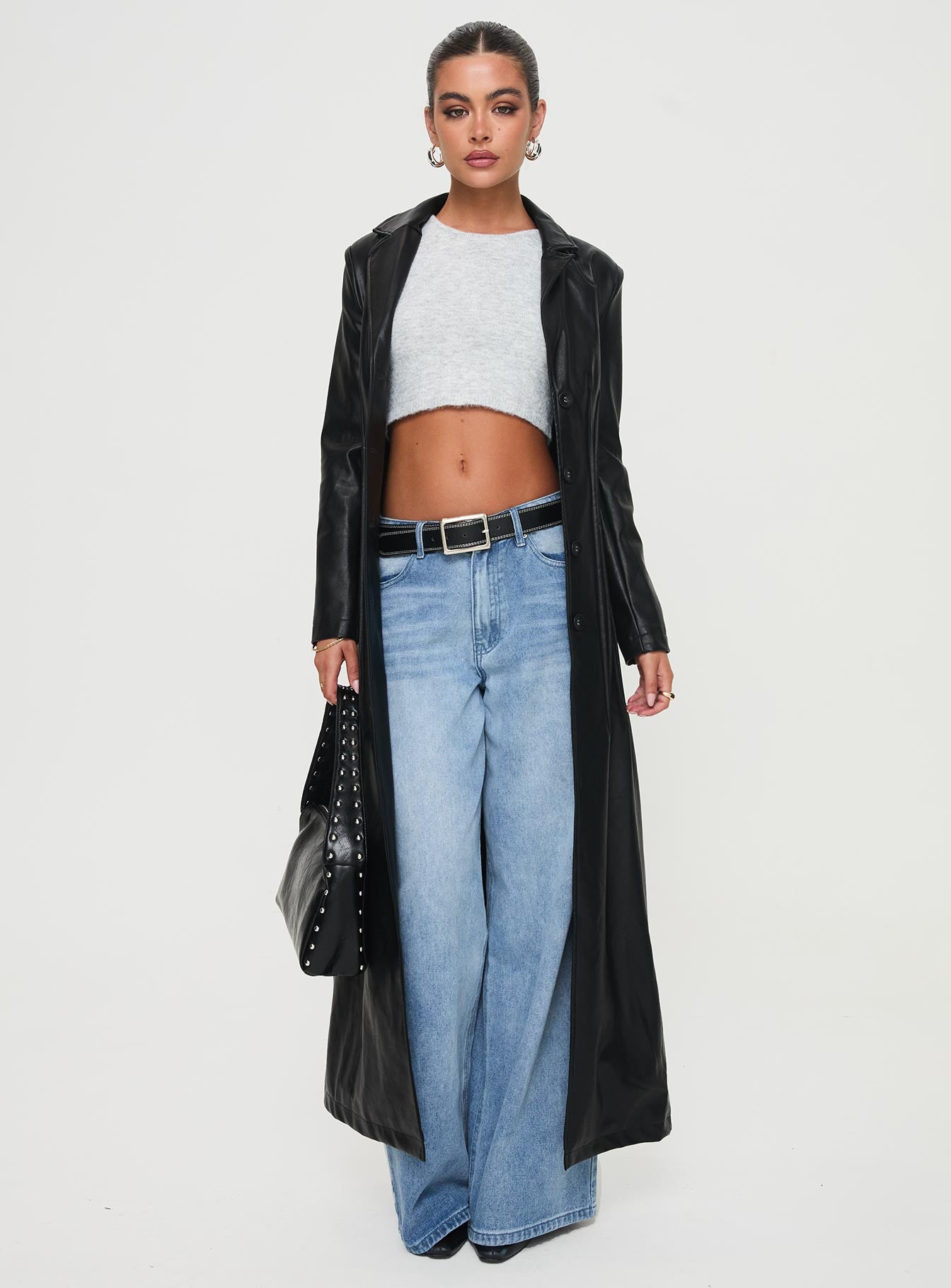 Speak Easy Long Line Faux Leather Coat Black - Image 3