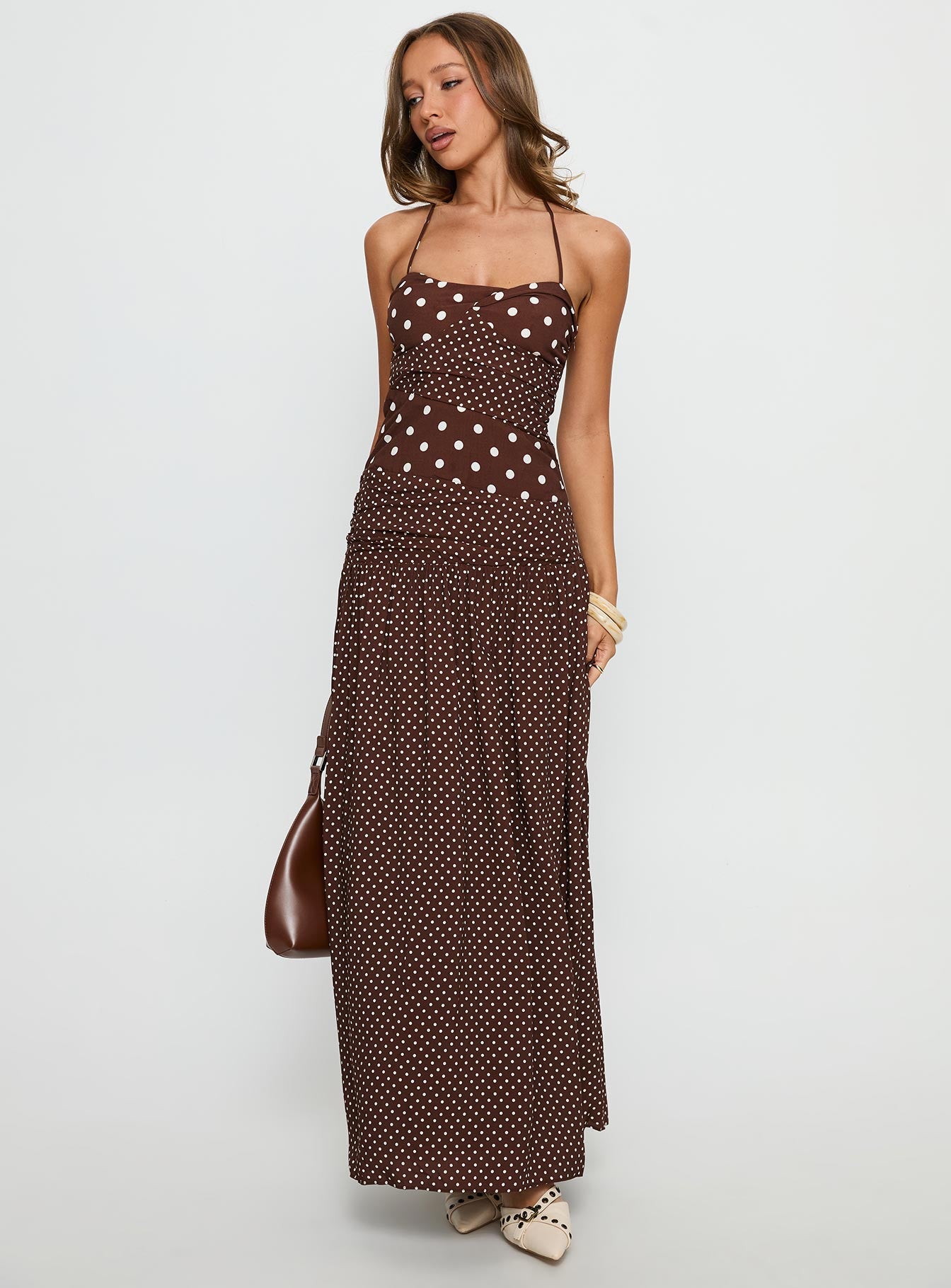 Marguerite Halter Maxi Dress Brown Polka Dot - Image 3