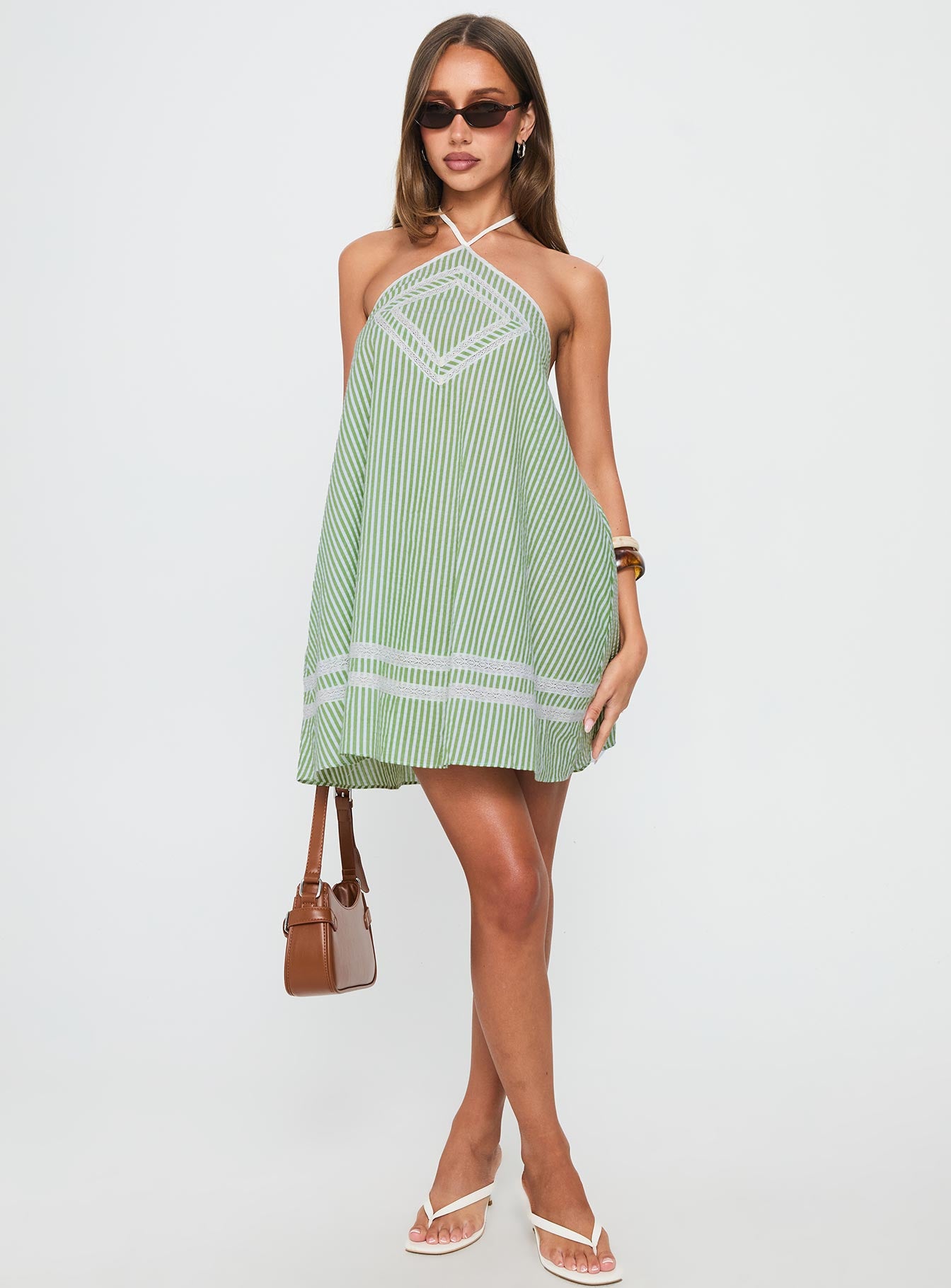 River Rose Anglais Swing Mini Dress Green Stripe - Image 3