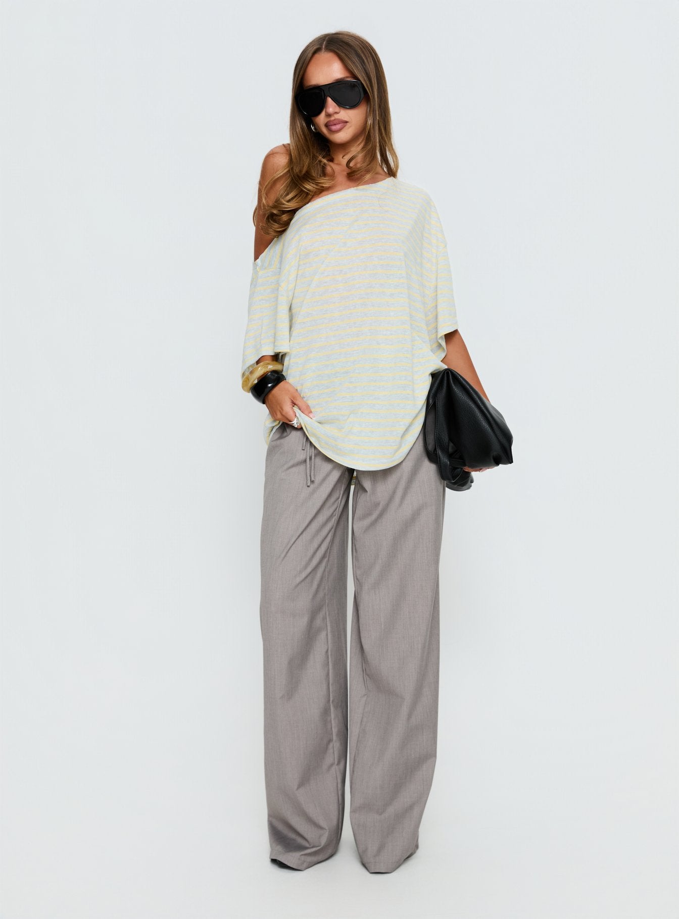 Winny Off Shoulder Tee Grey Marle / Lemon Stripe - Image 3