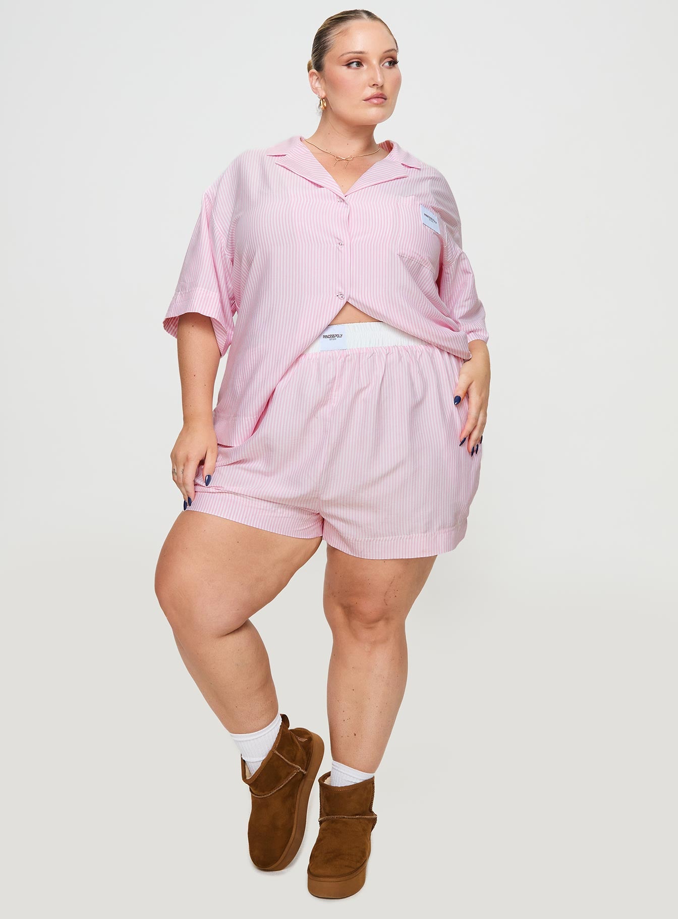 Early Riser Sleep Shorts Pink Stripe Curve - Image 3