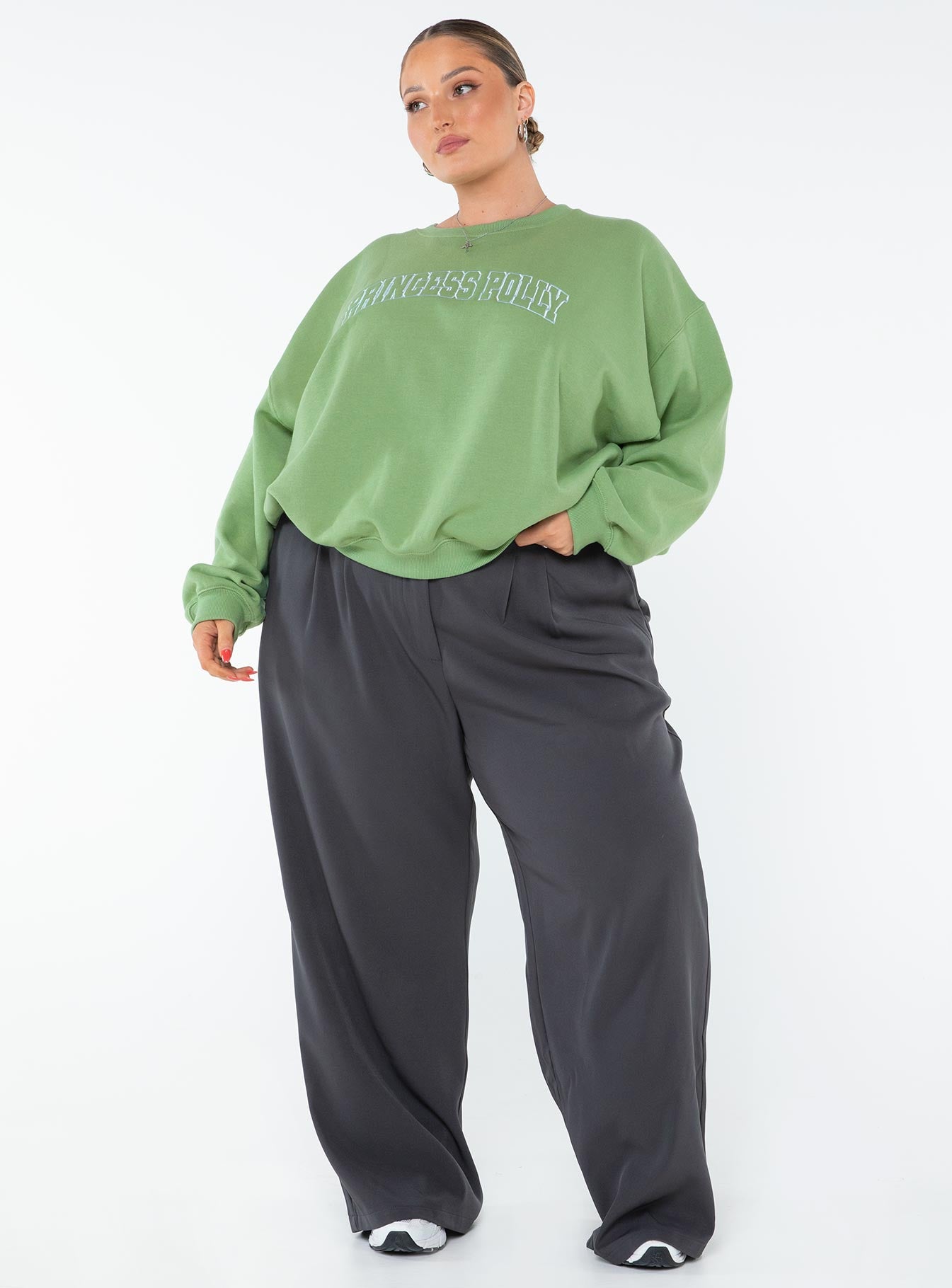 Princess Polly Crew Neck Sweatshirt Collegiate Text Green Curve - Image 3