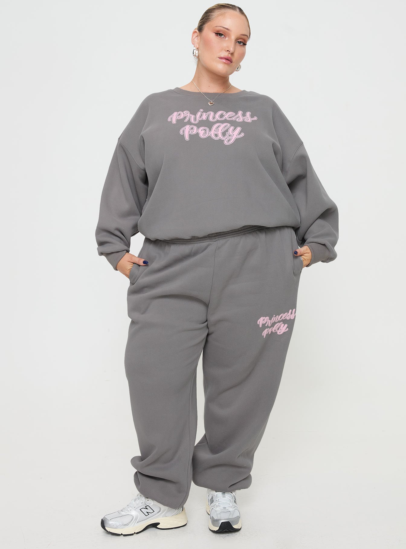Princess Polly Track Pants Puff Text Charcoal Curve - Image 3