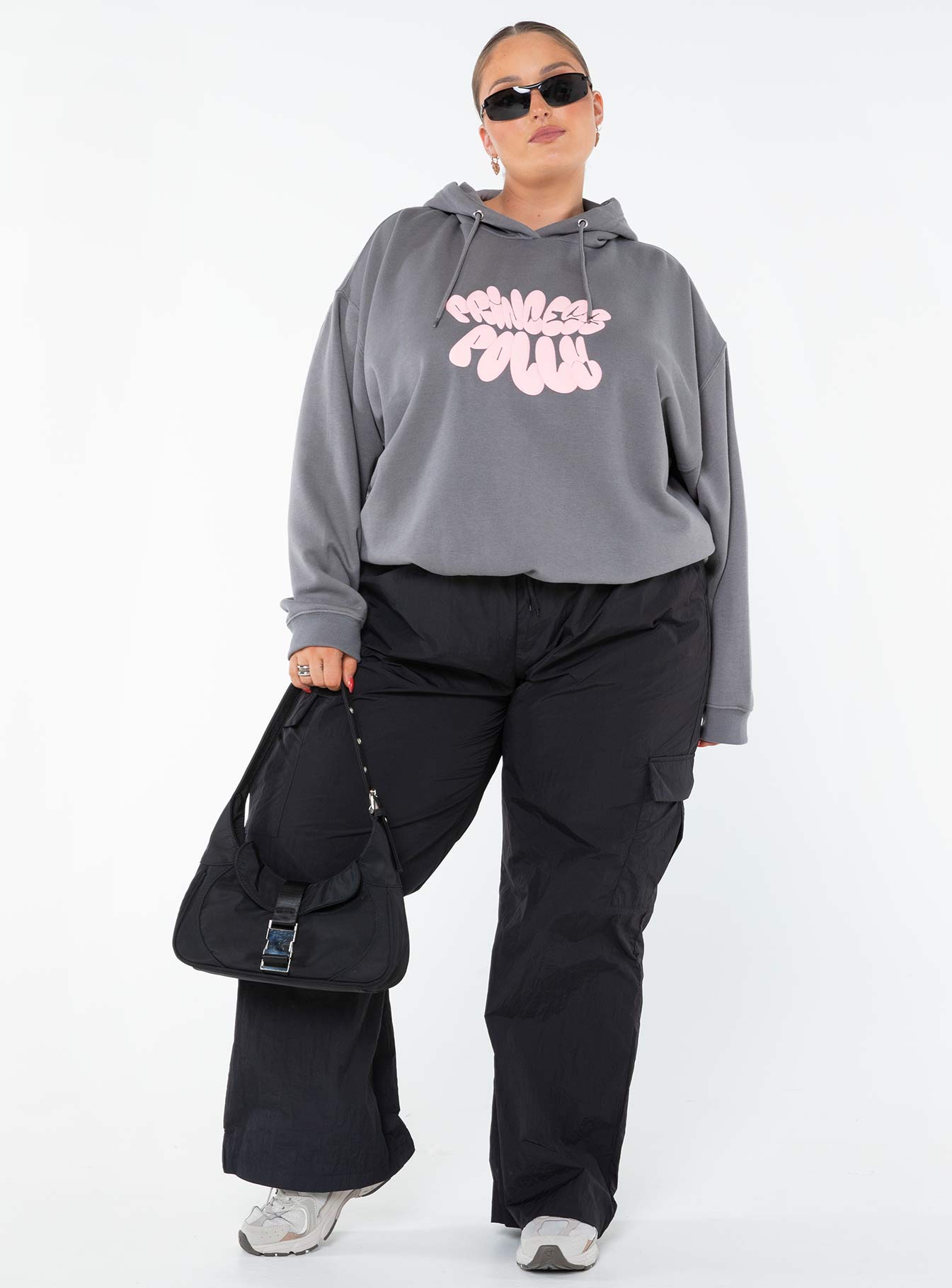 Princess Polly Hooded Sweatshirt Bubble Text Charcoal / Light Pink Curve - Image 3