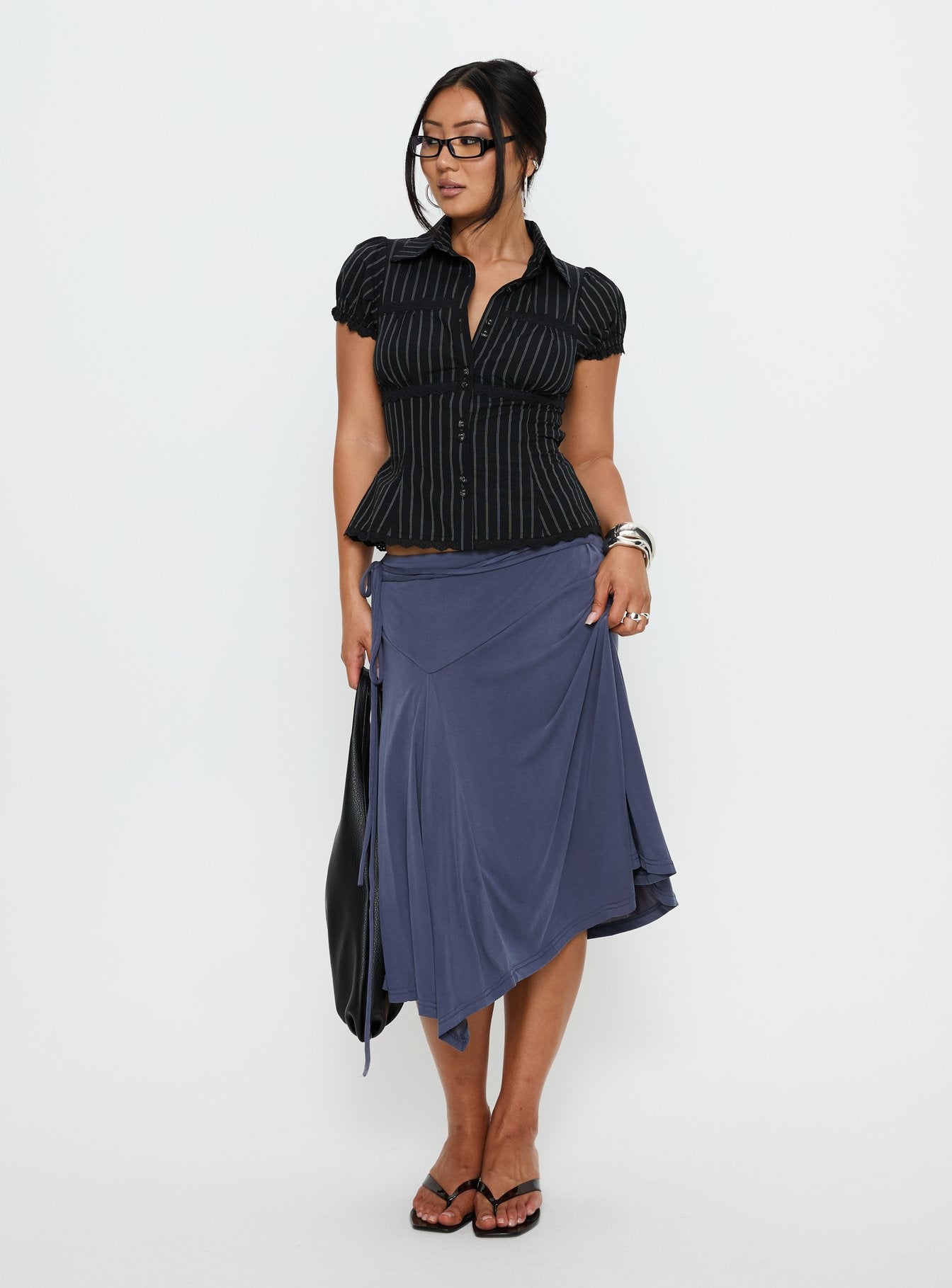 Deserve You Puff Sleeve Button Front Top Black Stripe - Image 3
