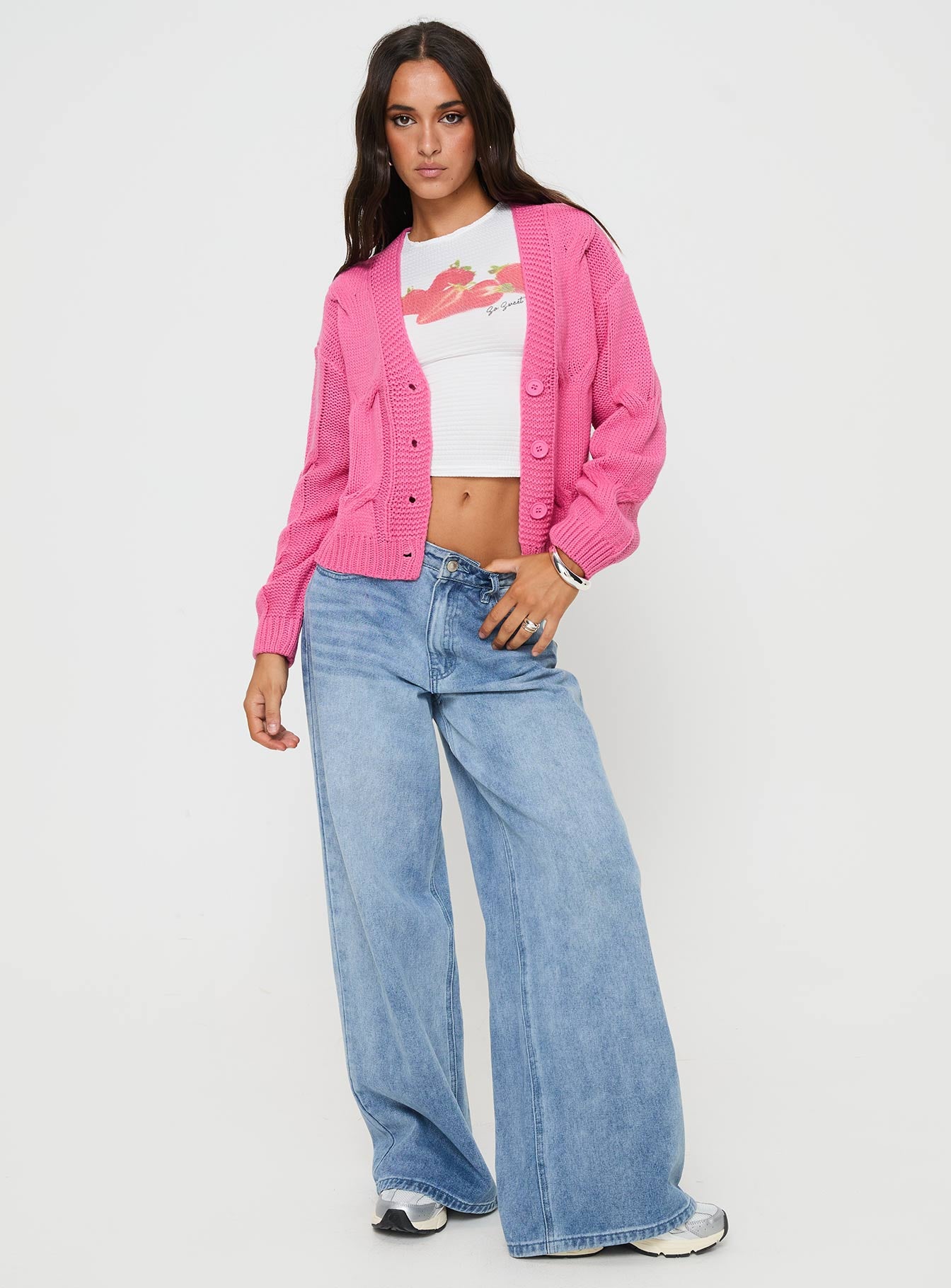 Kinzley Cable Knit Cardigan Pink - Image 2