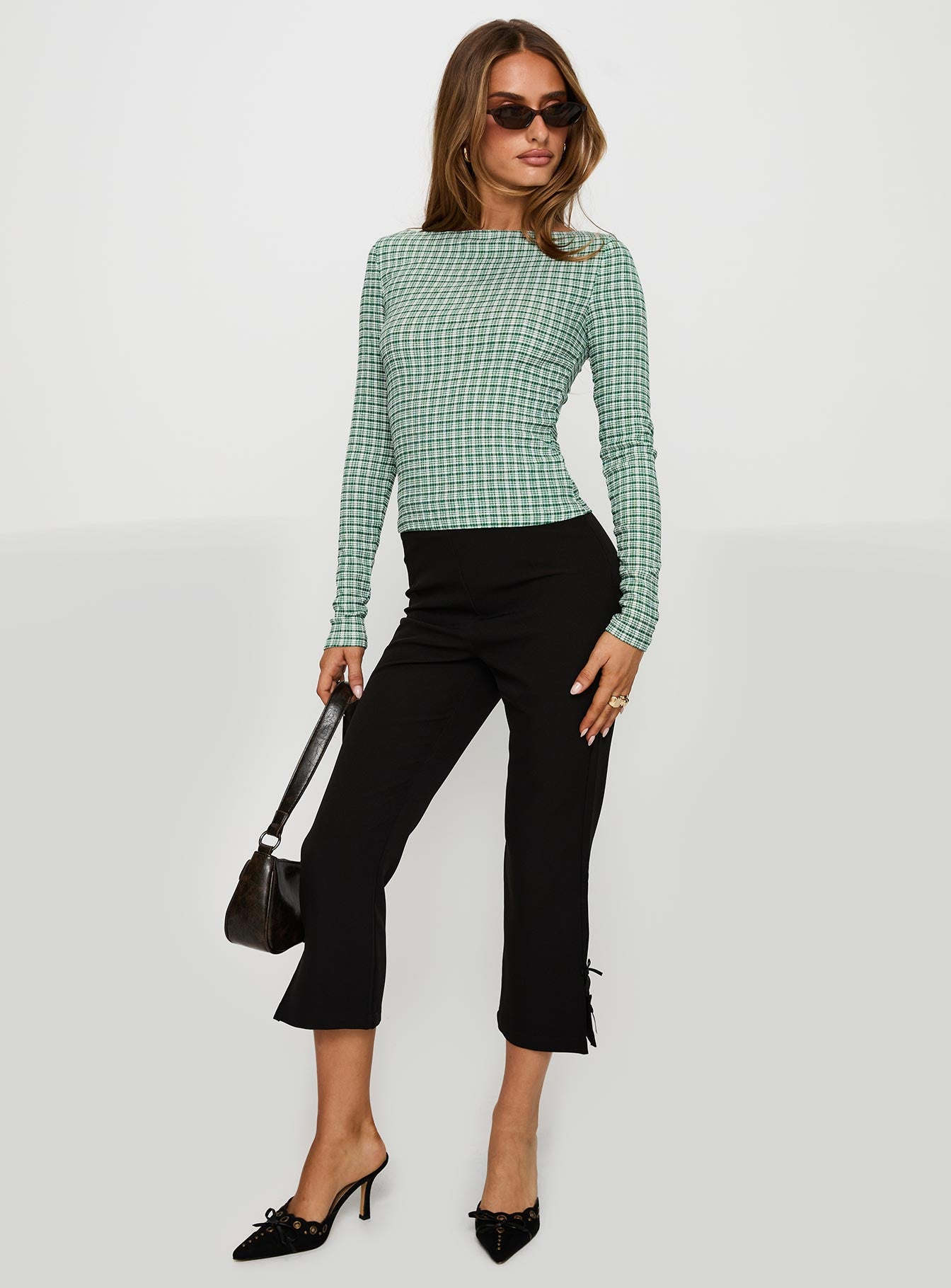 Every Second Boat Neck Long Sleeve Top Green Check - Image 3