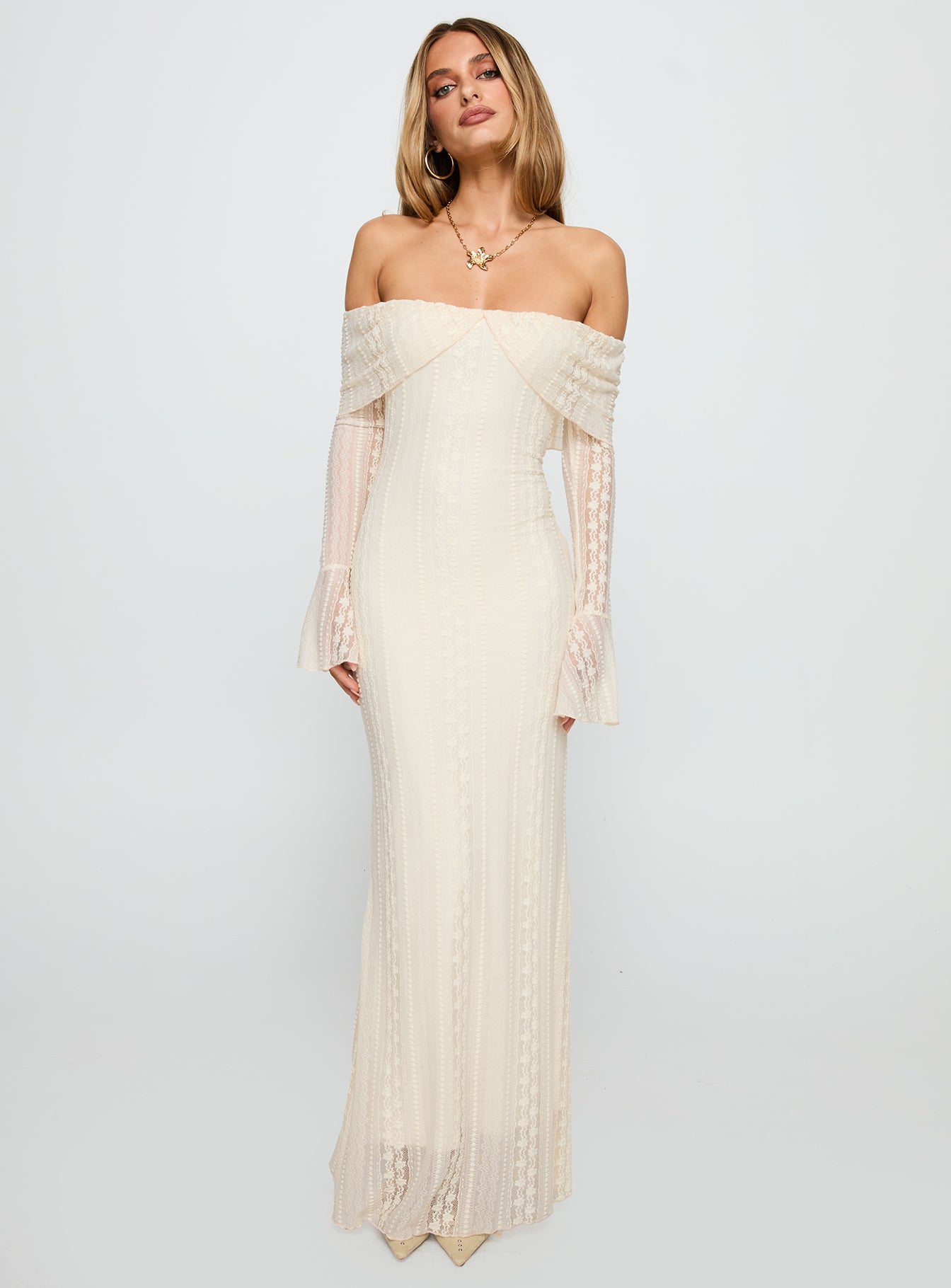 Perdita Long Sleeve Lace Maxi Dress Cream - Image 3