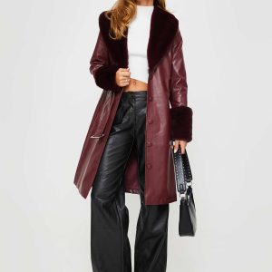 Brooklyn Faux Leather Longline Coat Burgundy