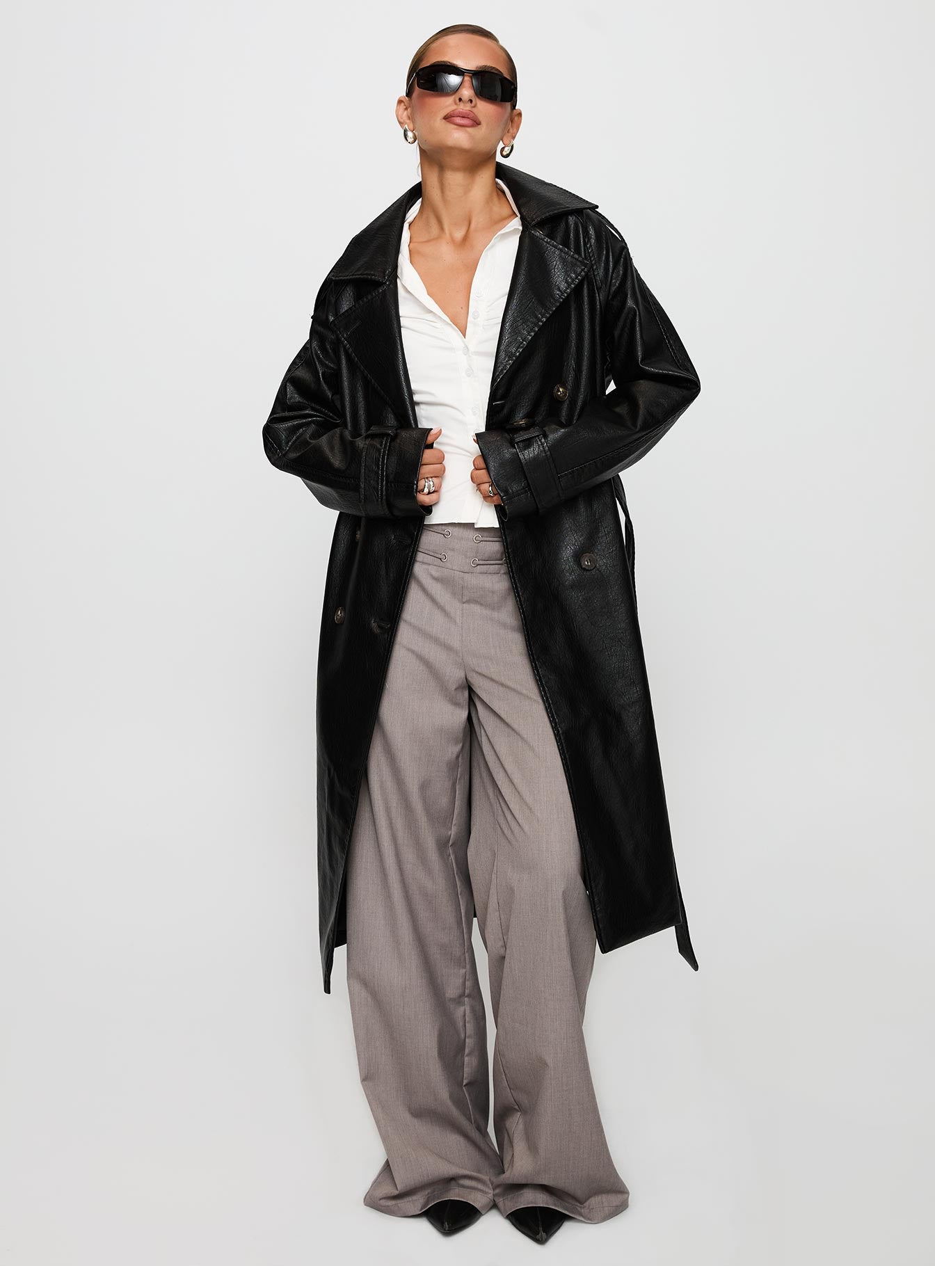 Think Later Faux Leather Trench Coat Black - Image 3