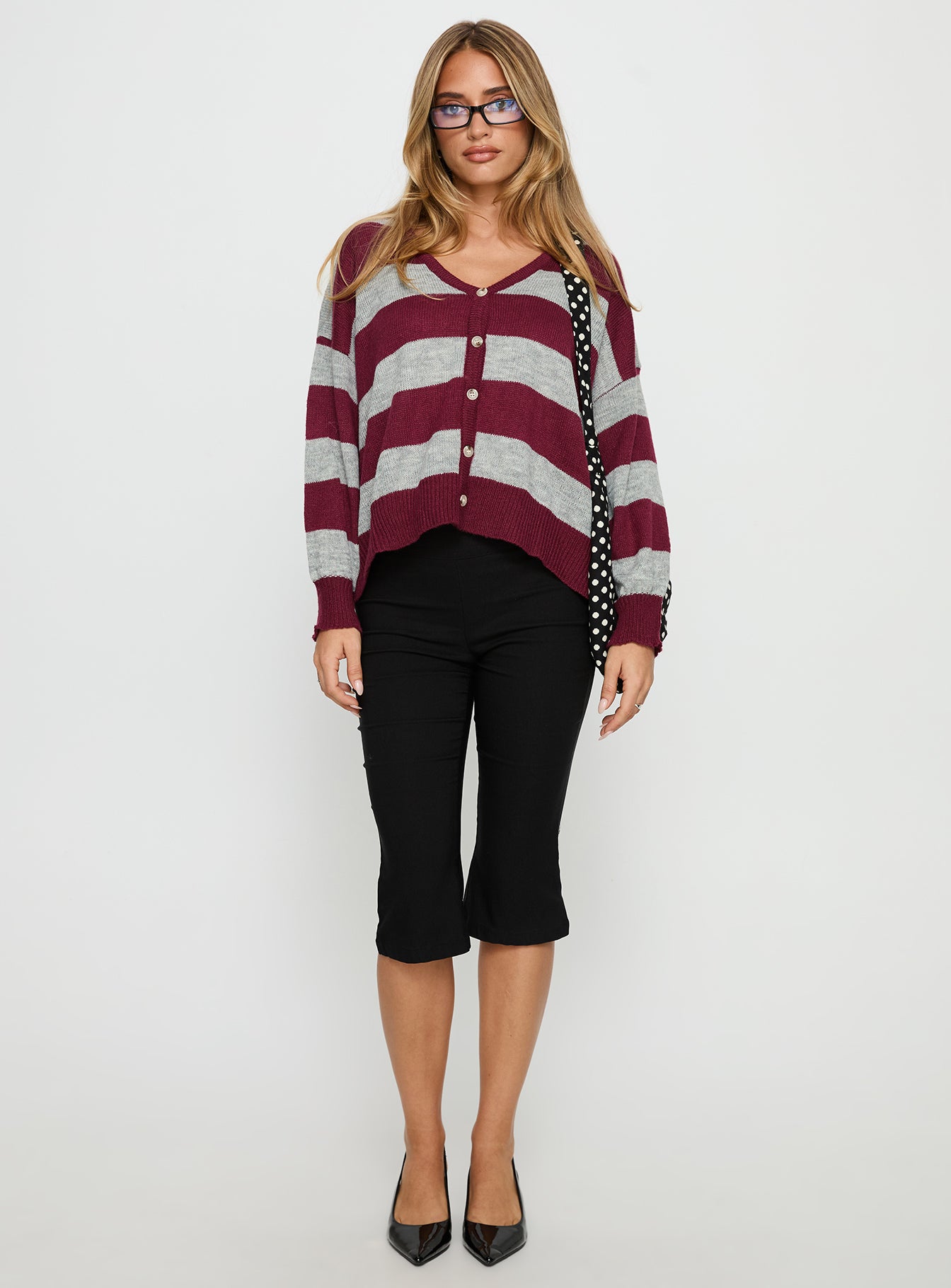 Devvon V Neck Knit Cardigan Red Stripe - Image 2