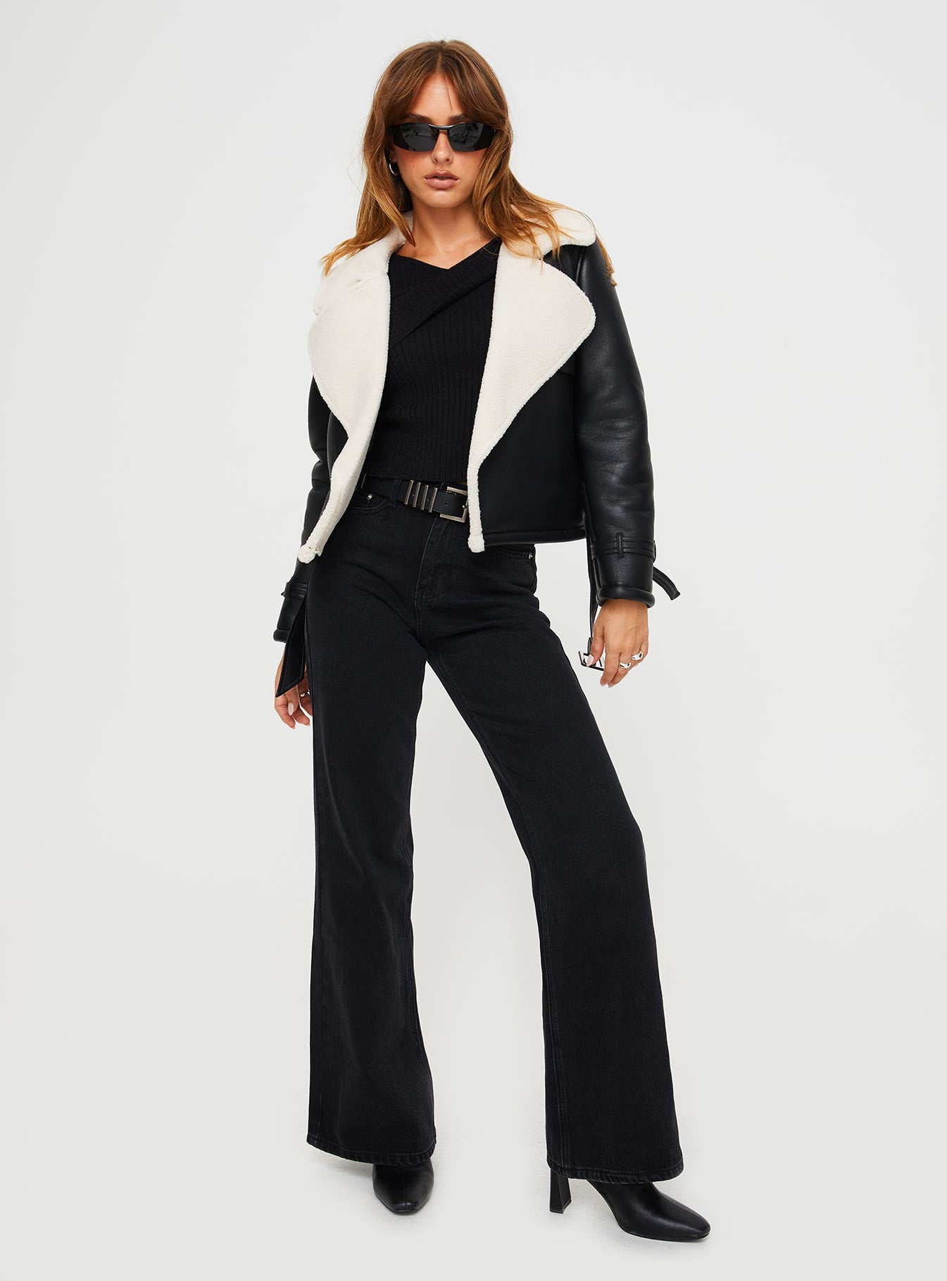 Nathalia Shearling Aviator Jacket Black - Image 3